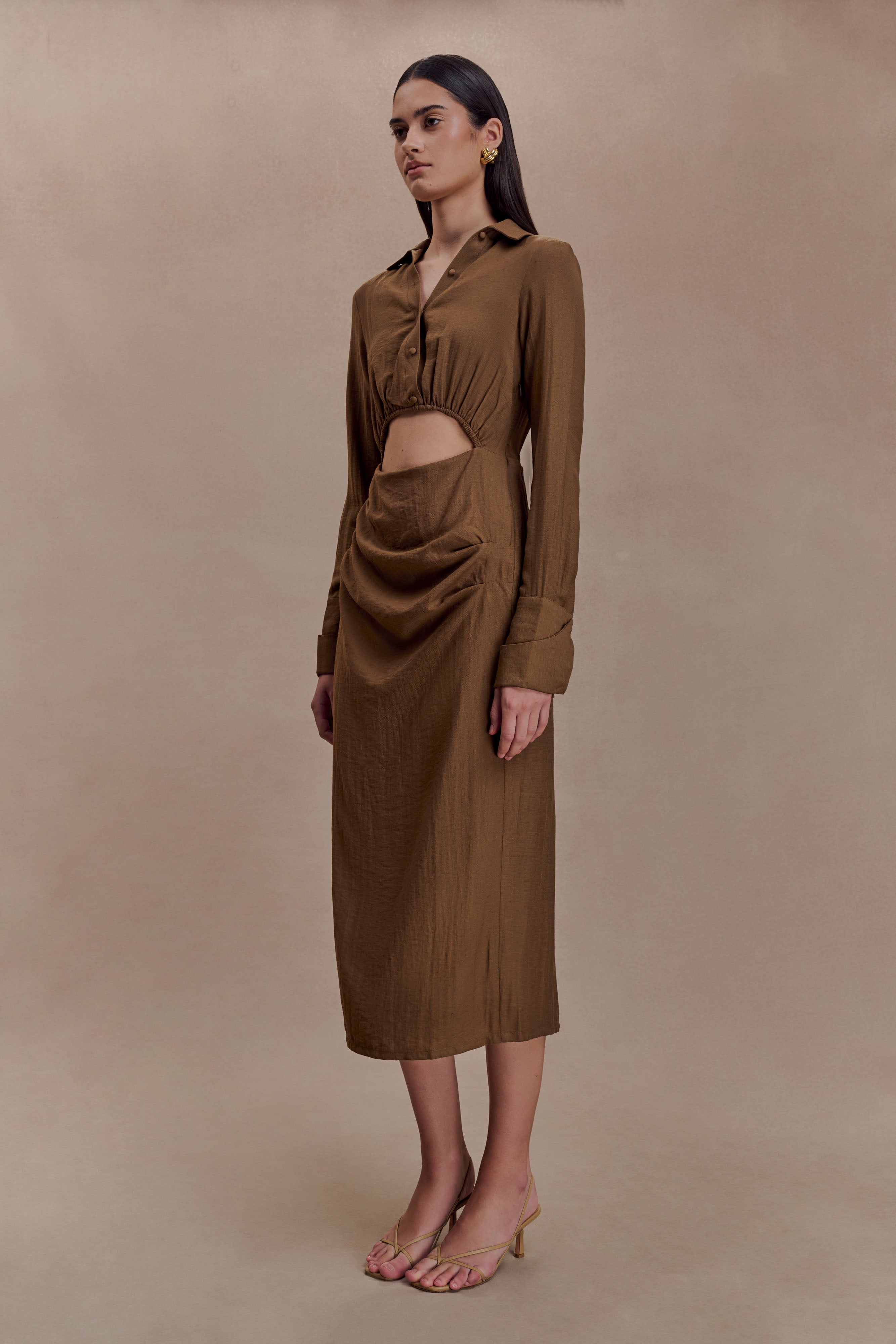 Cecilie Cut Out Shirt Midi Dress - Dark Chocolate - Image 5