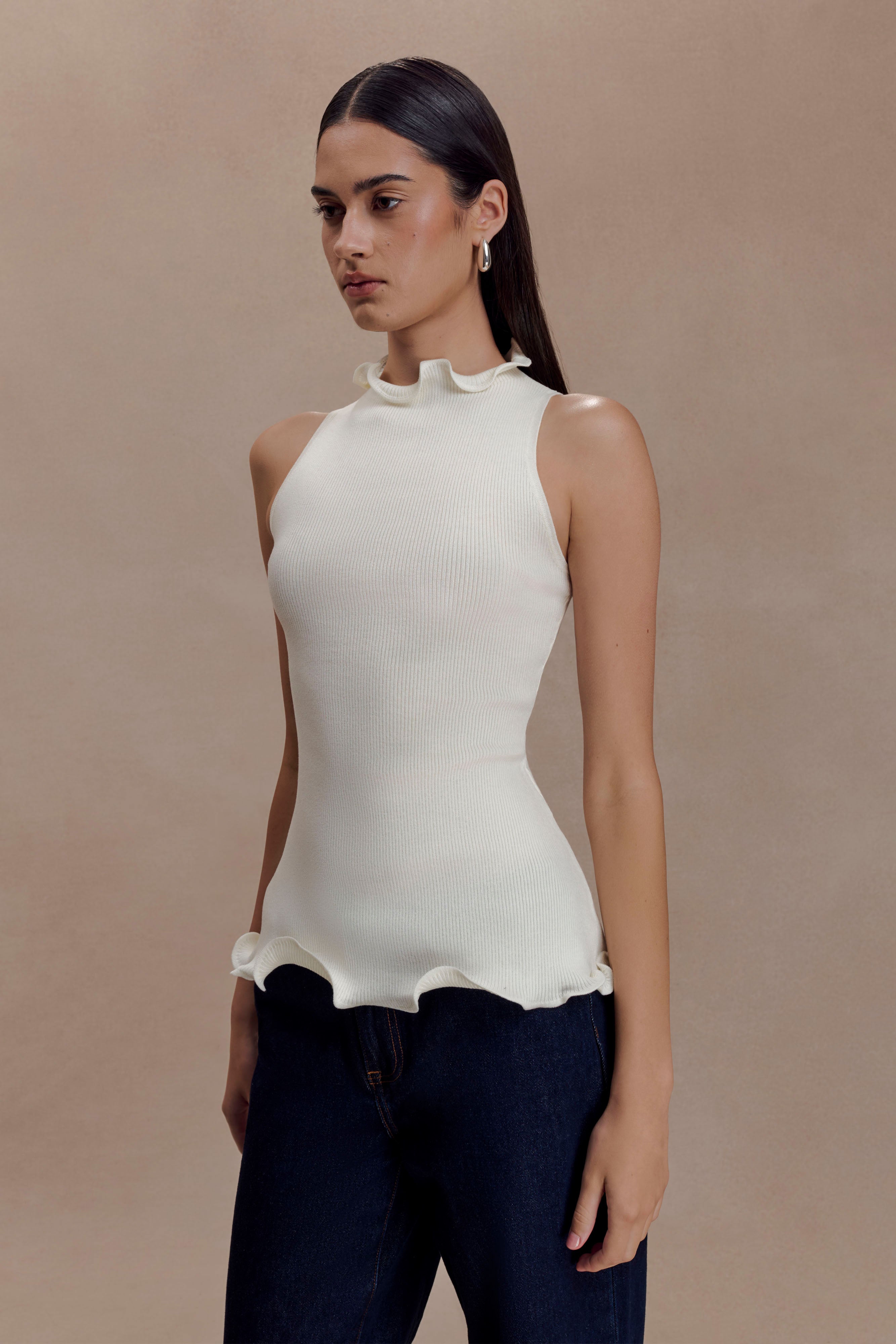Diya Ribbed Sleeveless Top With Wire Hem - Ivory - Image 3