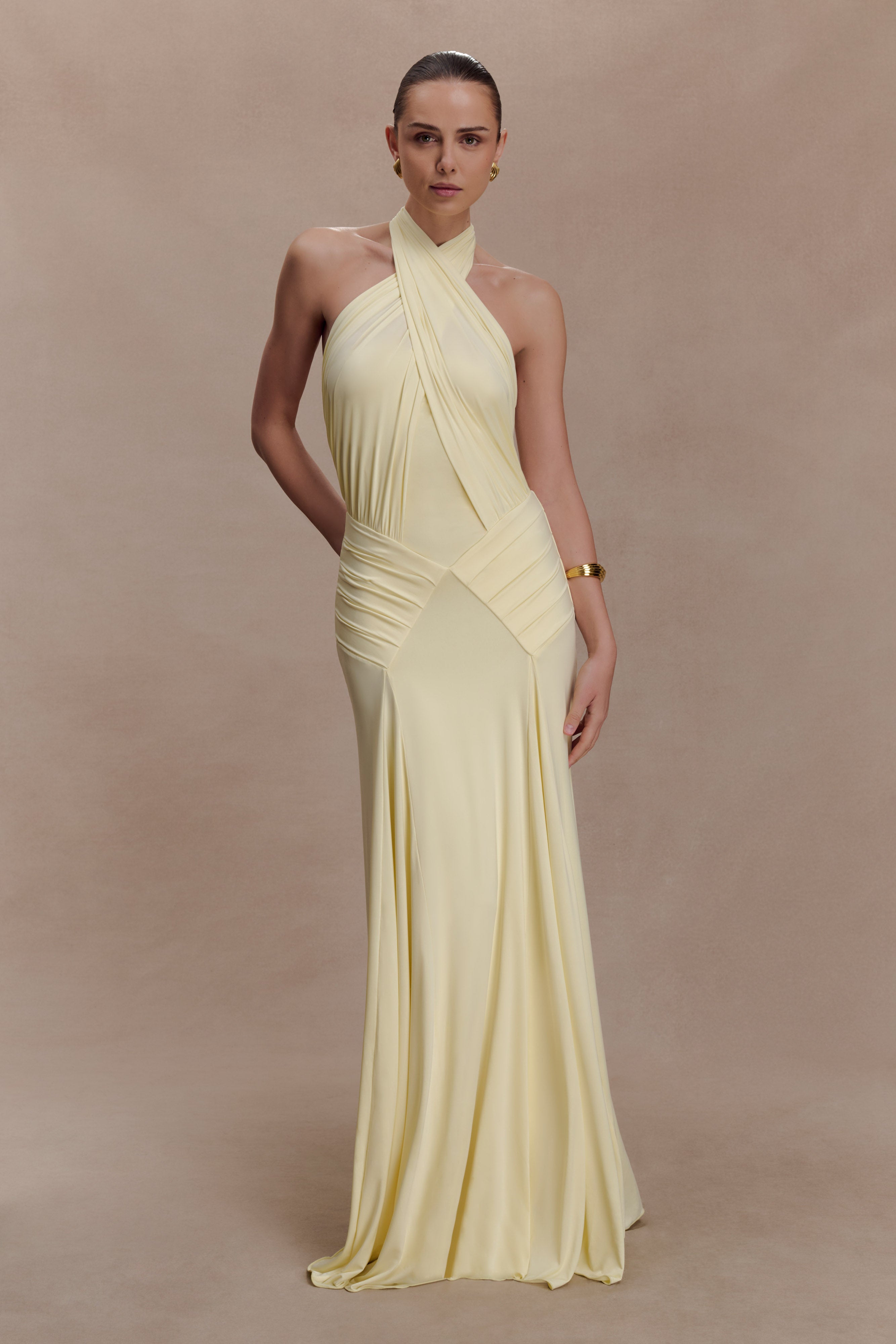 Indira Gathered Slinky Halter Maxi Dress - Lemon - Image 5