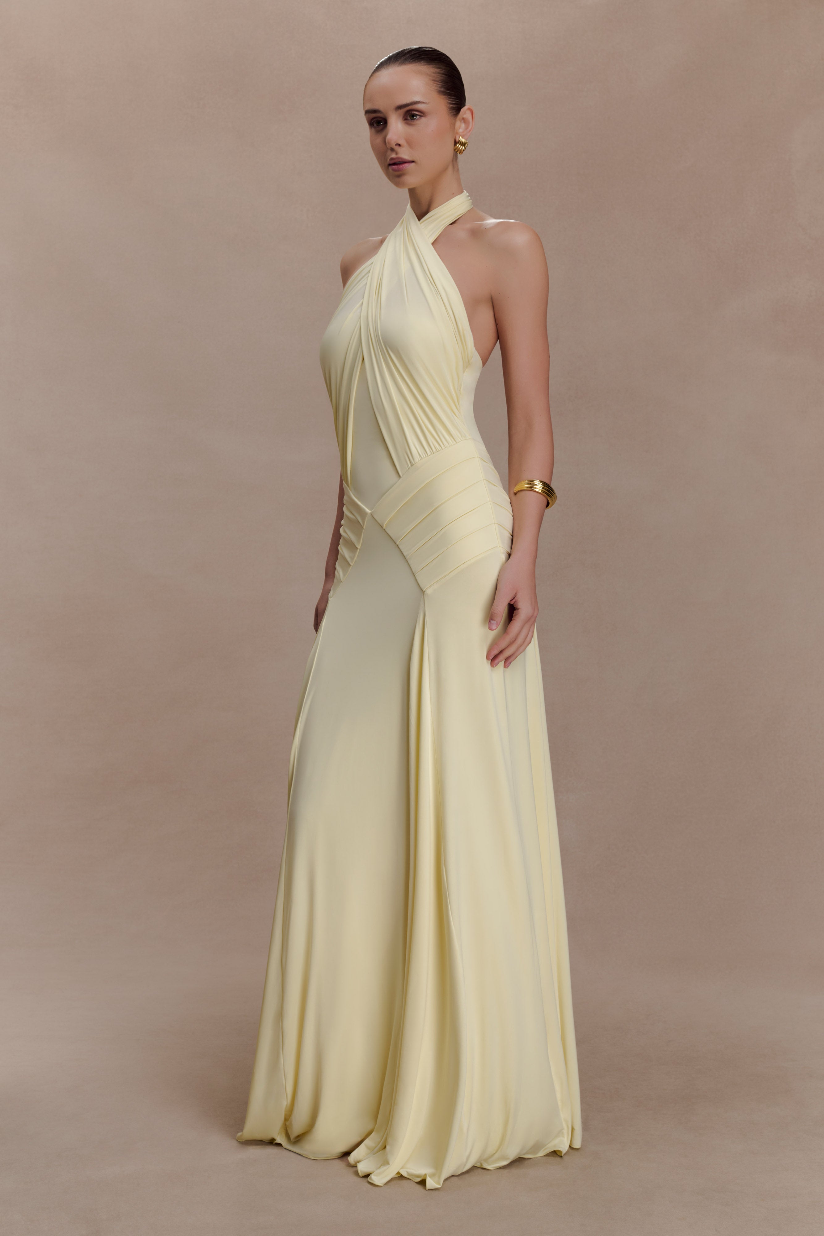 Indira Gathered Slinky Halter Maxi Dress - Lemon - Image 4