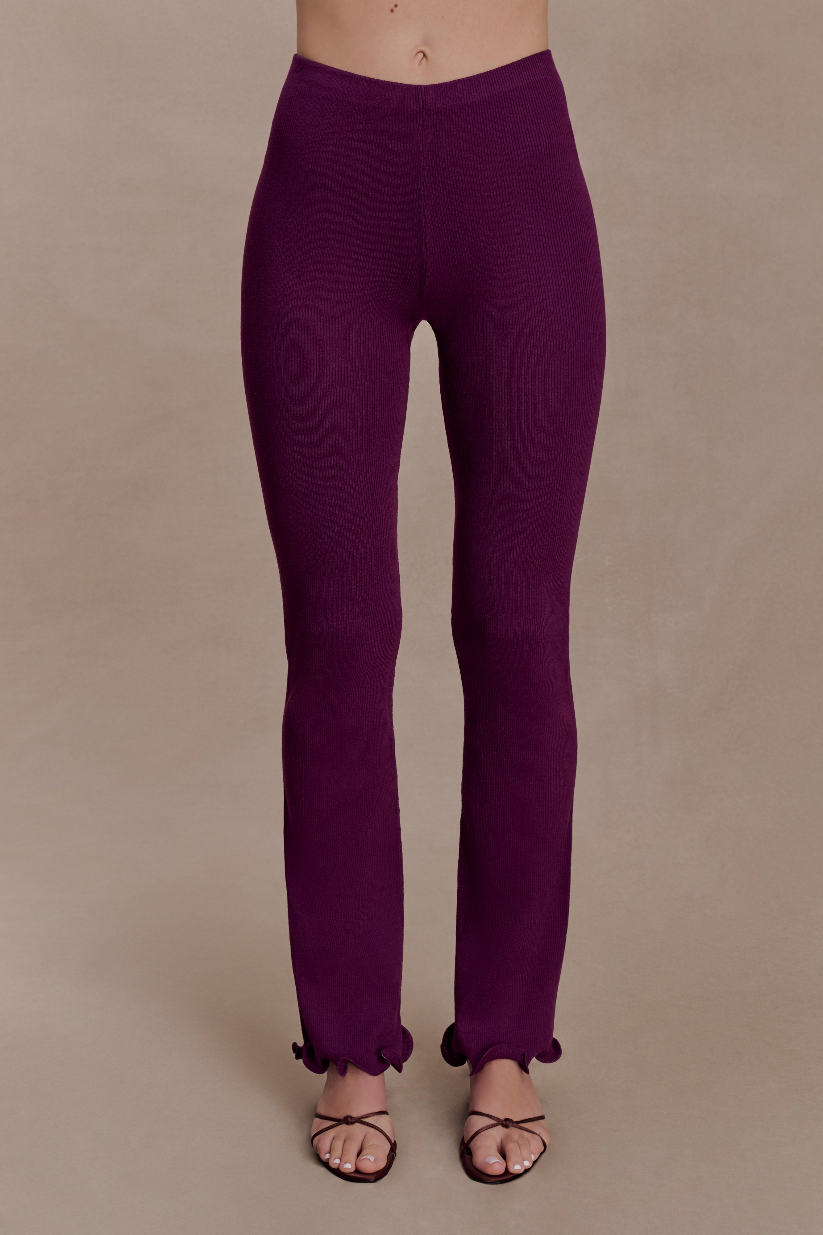 Diya Ribbed High Waisted Pants With Wire Hem - Plum - Image 7