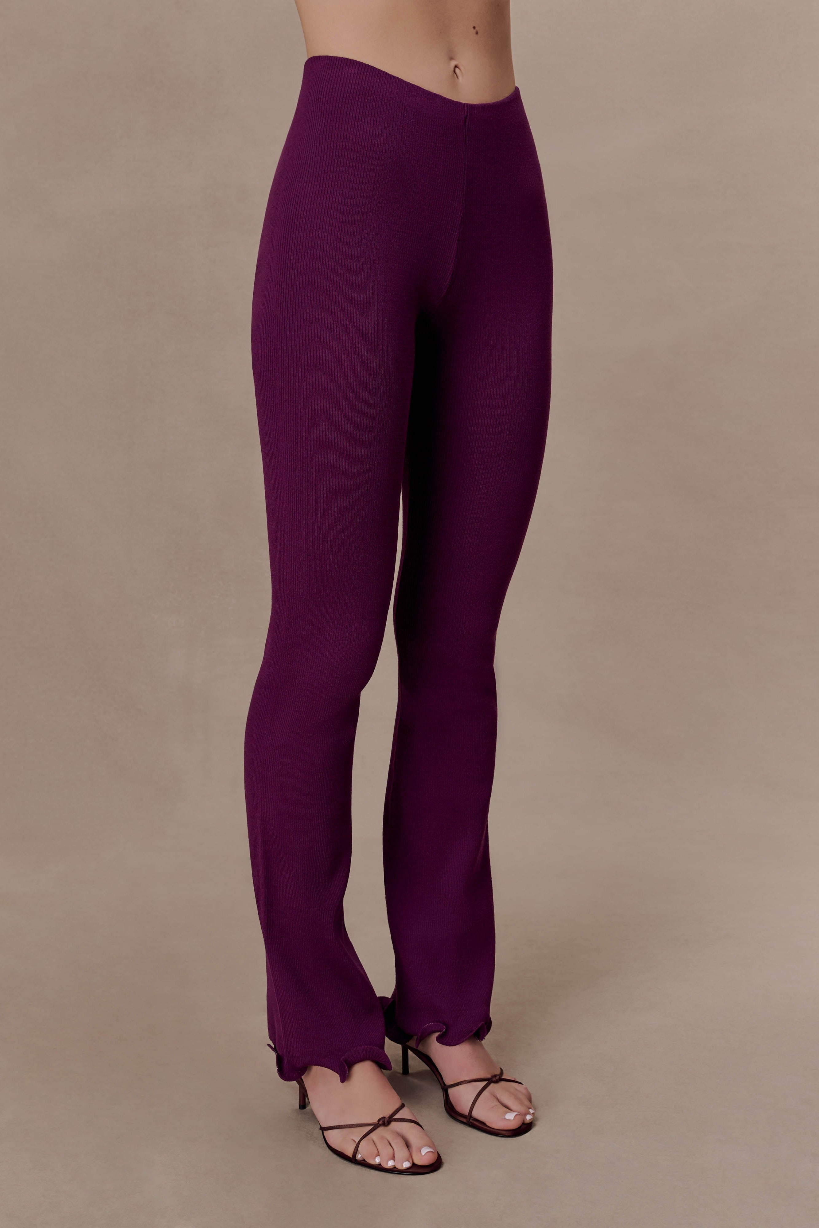 Diya Ribbed High Waisted Pants With Wire Hem - Plum - Image 4