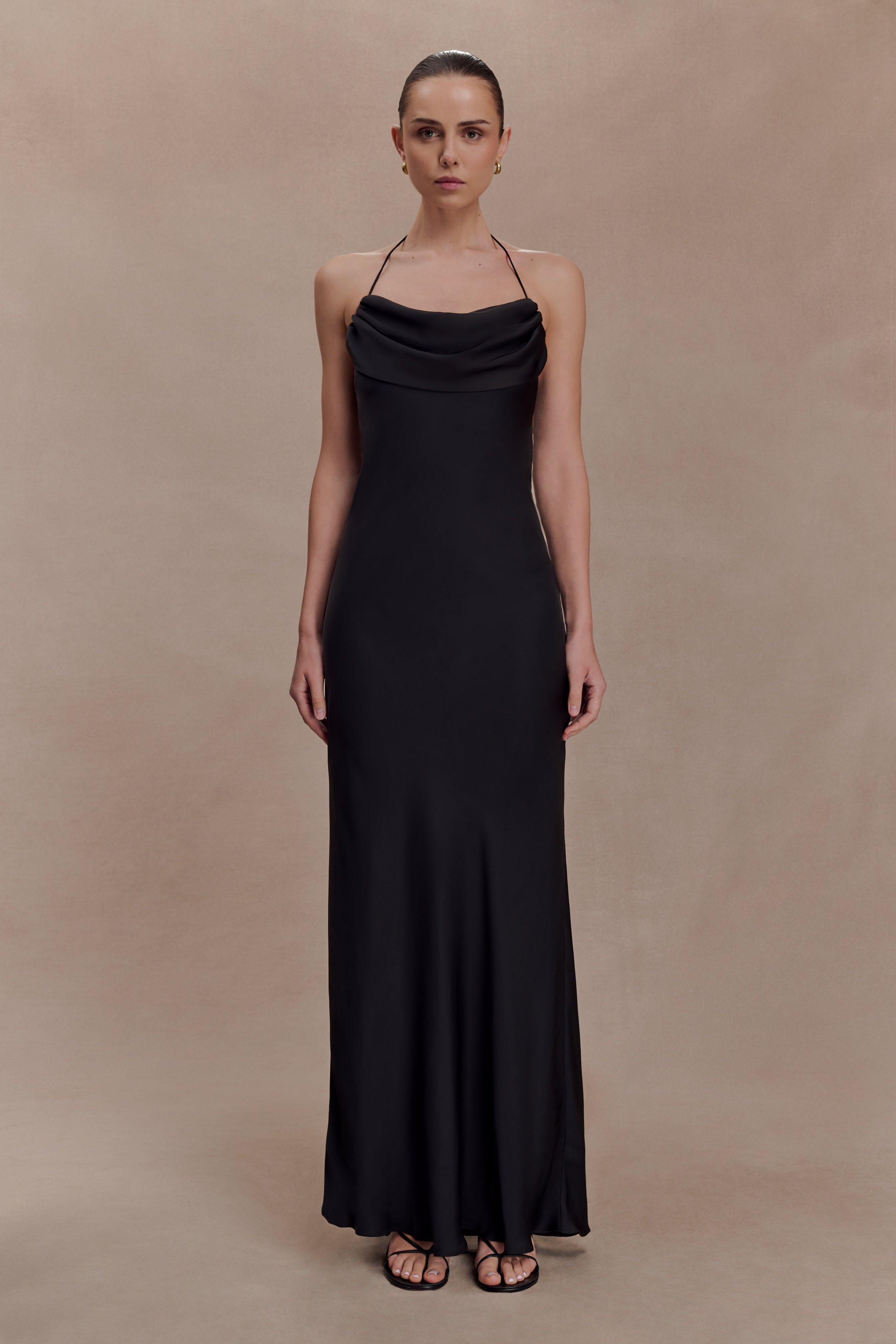 Lydia Cowl Neck Satin Maxi Dress - Black - Image 3