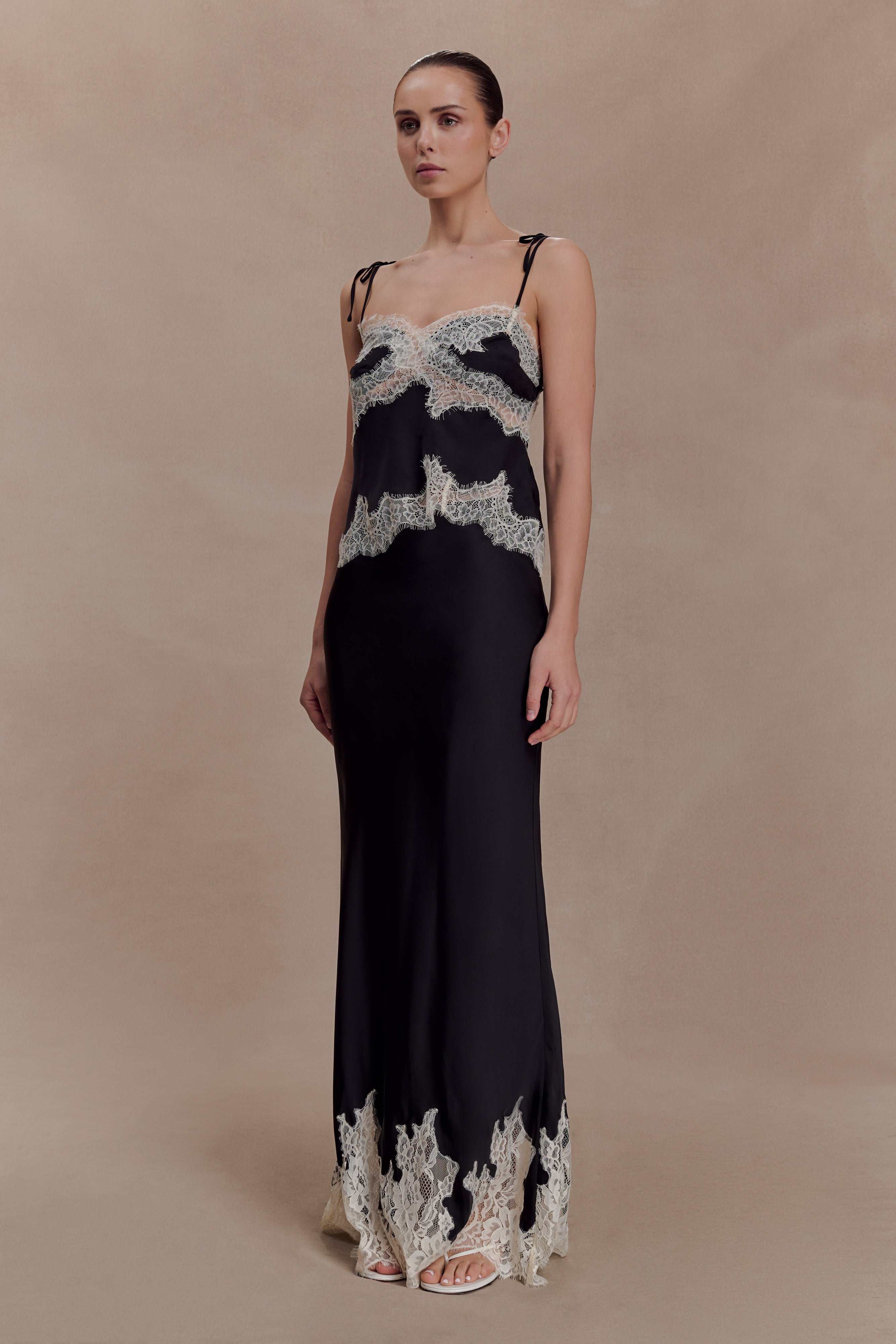 Alternative view of Nina Satin And Lace Maxi Skirt - Black/Ivory