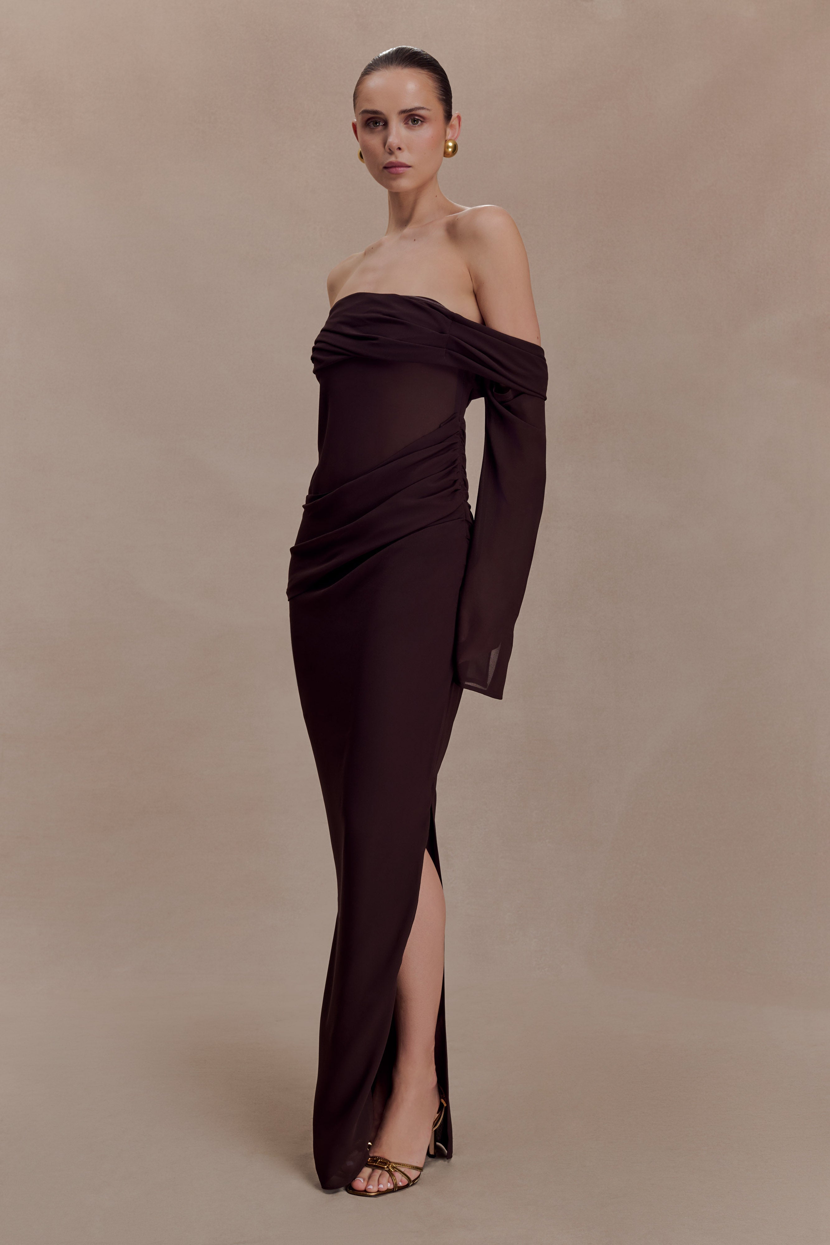 Kirsten Off Shoulder Chiffon Maxi Dress - Cacao Brown - Image 4
