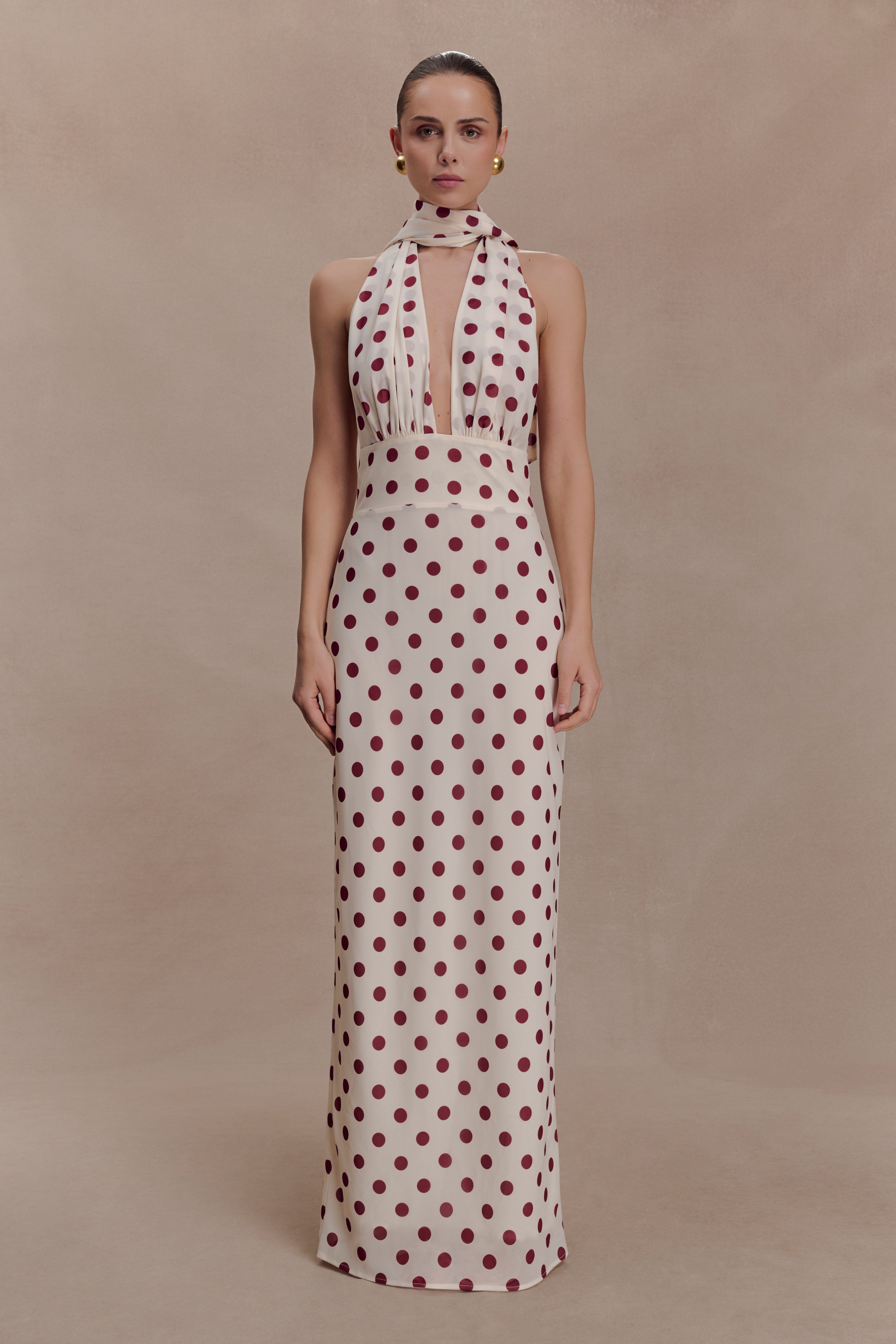 Nadine Halter Chiffon Maxi Dress - Ivory/Merlot Polka Dot - Image 2