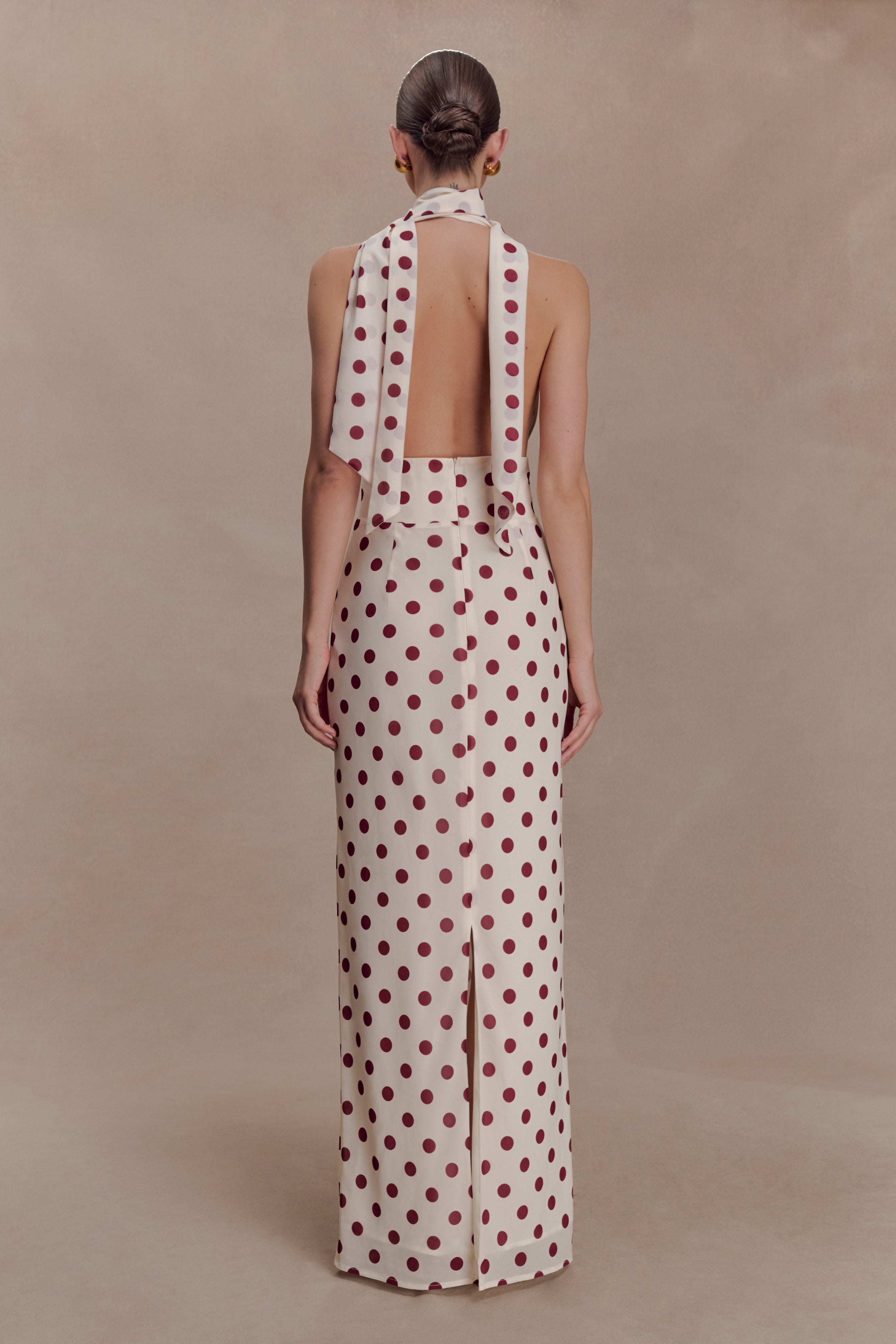Nadine Halter Chiffon Maxi Dress - Ivory/Merlot Polka Dot - Image 4