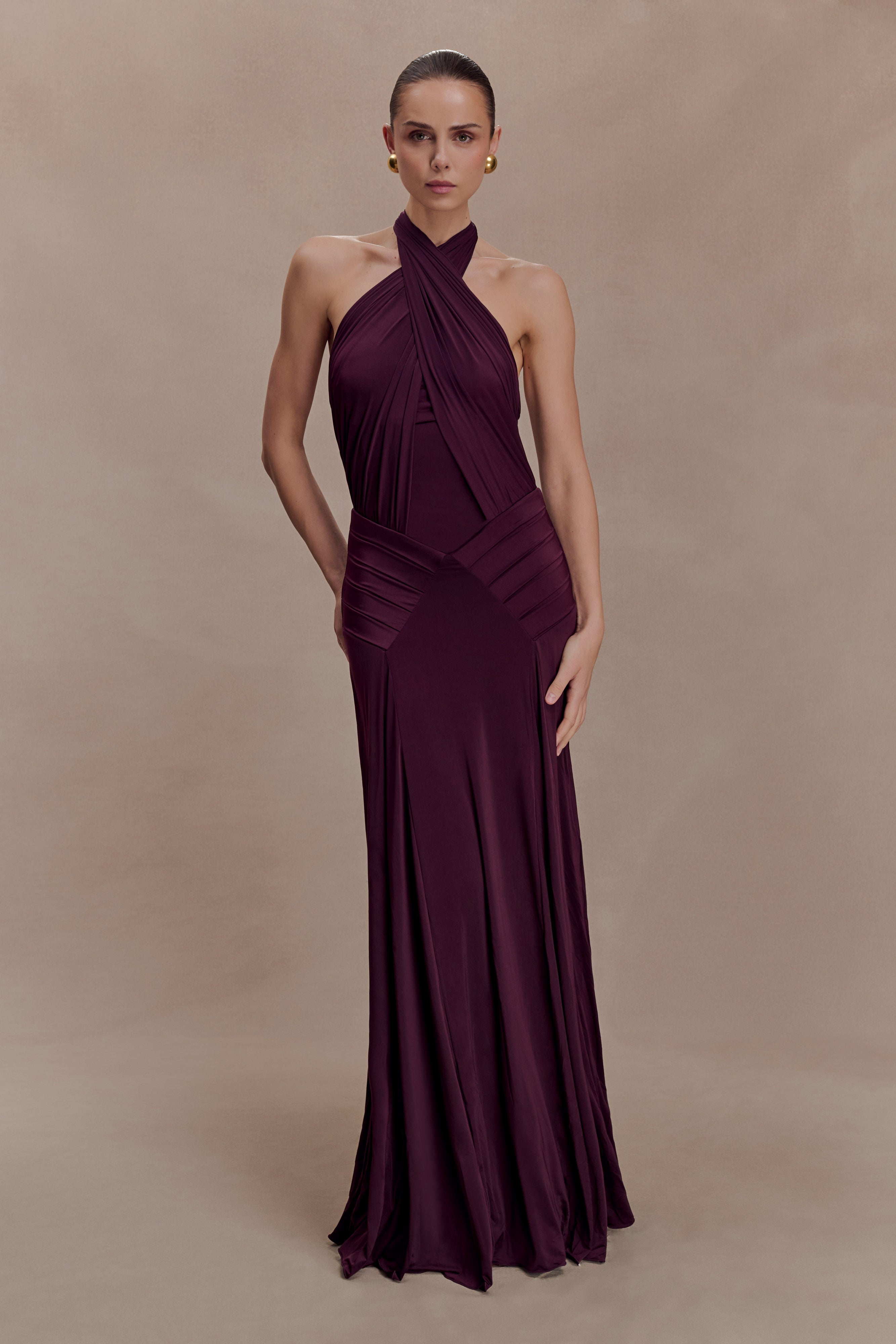 Indira Gathered Slinky Halter Maxi Dress - Mahogany - Image 4