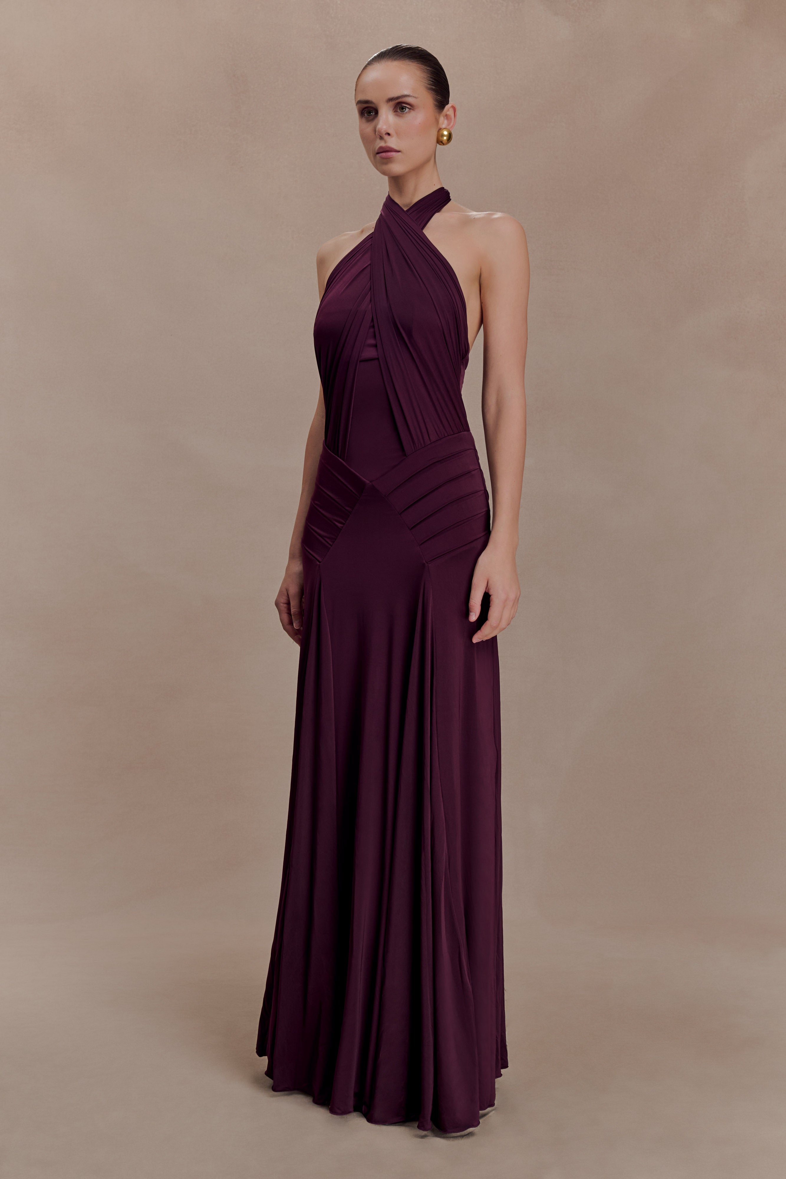 Indira Gathered Slinky Halter Maxi Dress - Mahogany - Image 3
