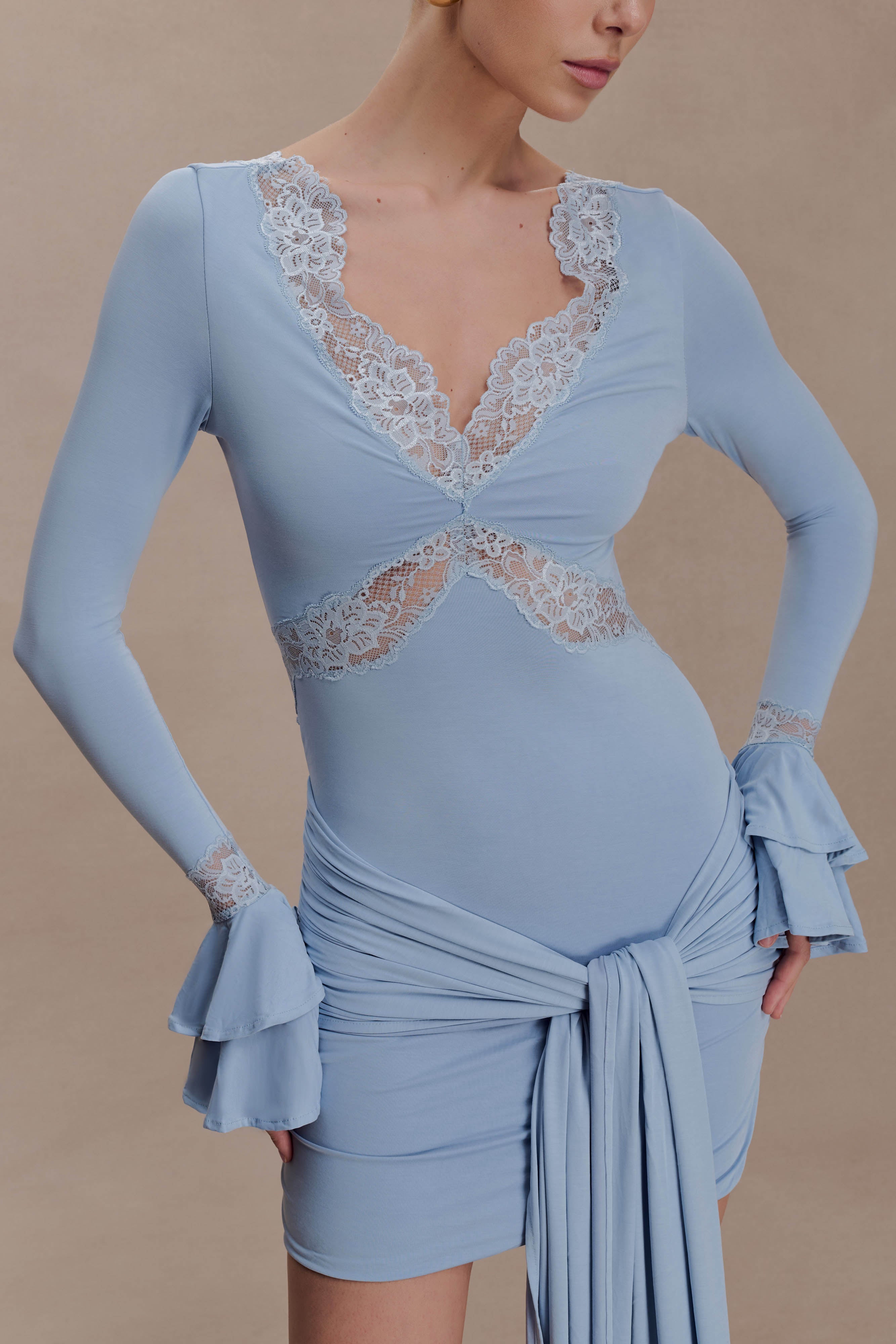 Electra Slinky Lace Mini Dress - Pale Blue - Image 3