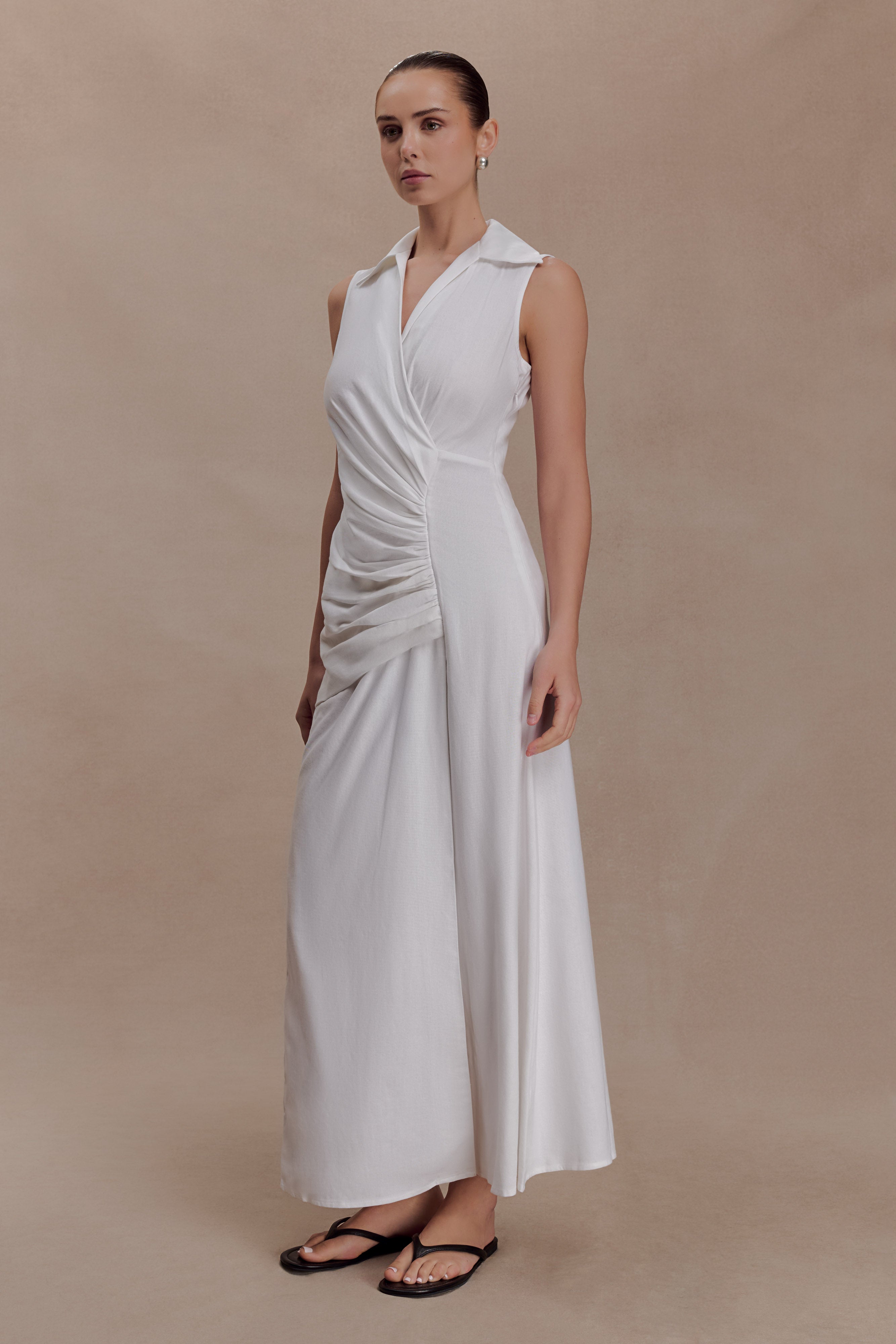 Dante Ruched Linen Midi Dress - White - Image 3