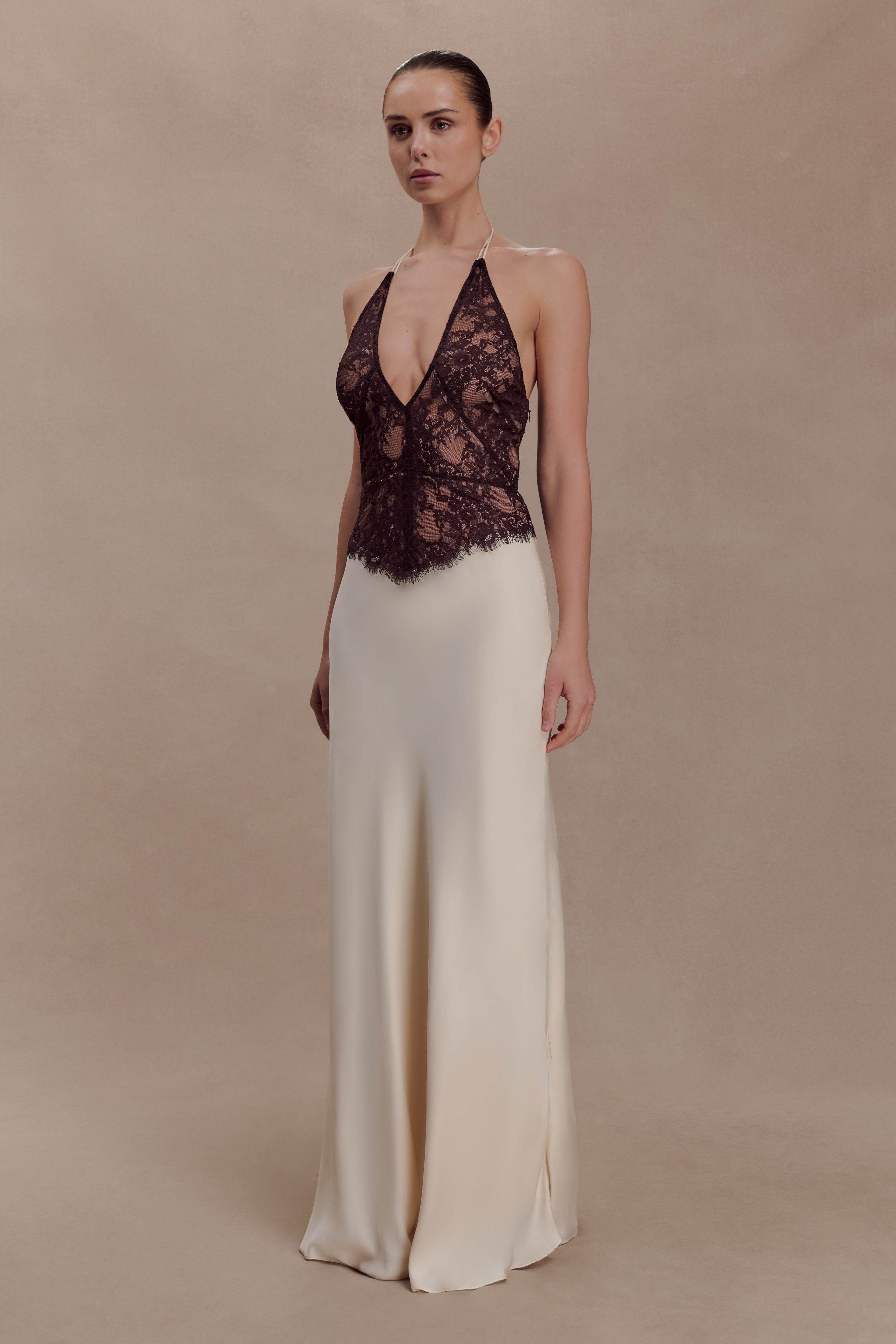 Sascha Lace And Satin Halter Maxi Dress - Ivory/Chocolate - Image 4