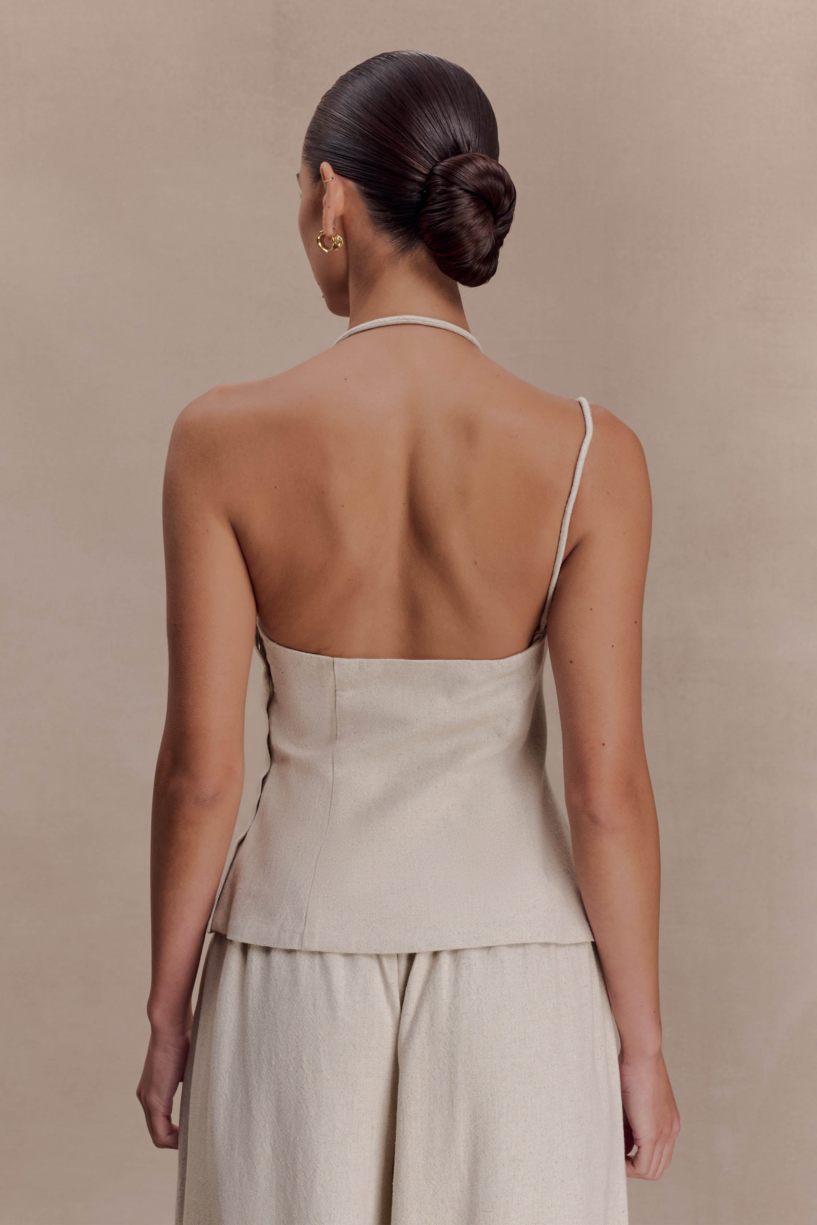 Alternative view of Gabby Asymmetrical Neckline Linen Beaded Top - Natural