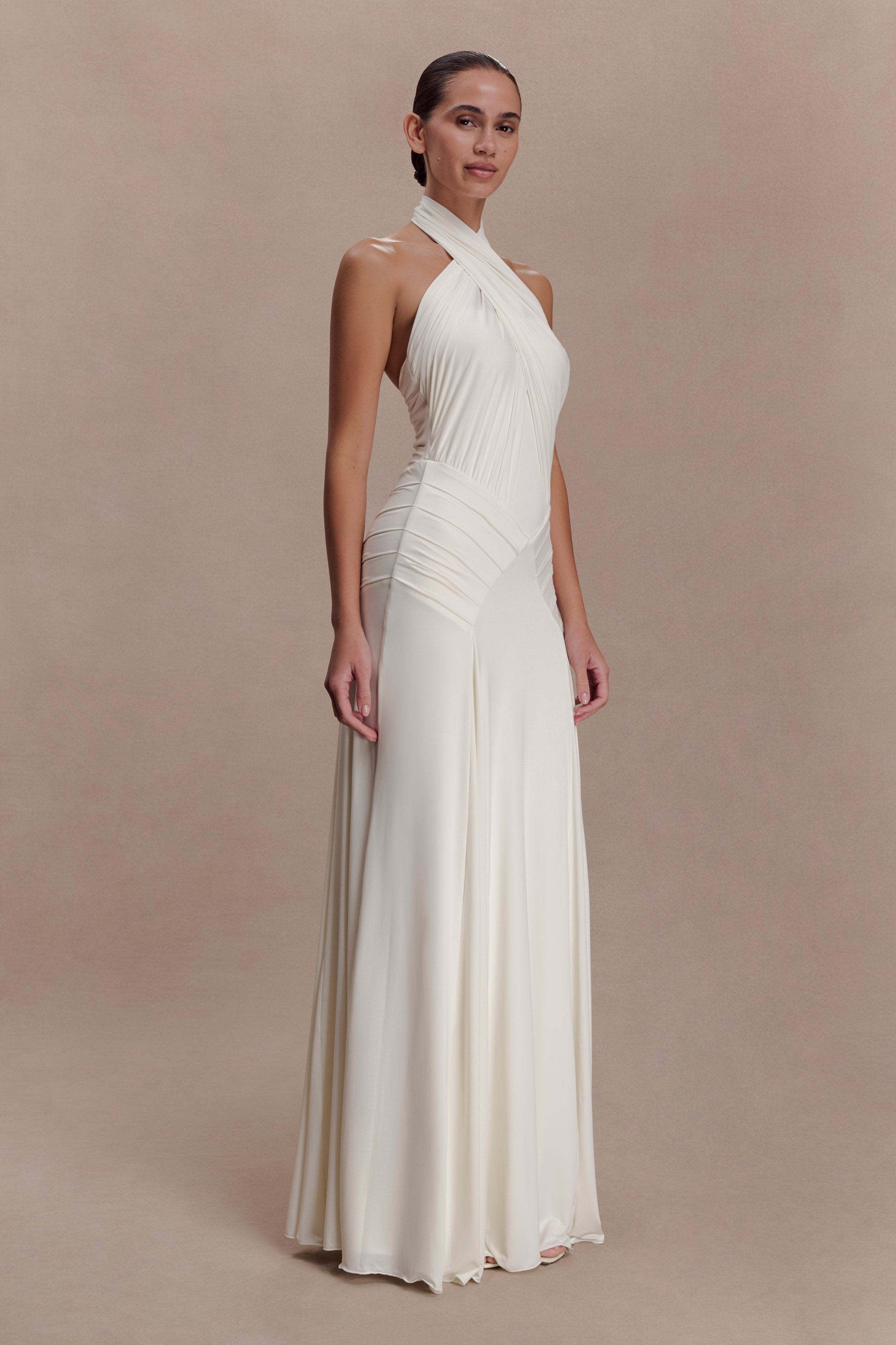 Indira Gathered Slinky Halter Maxi Dress - Ivory - Image 4