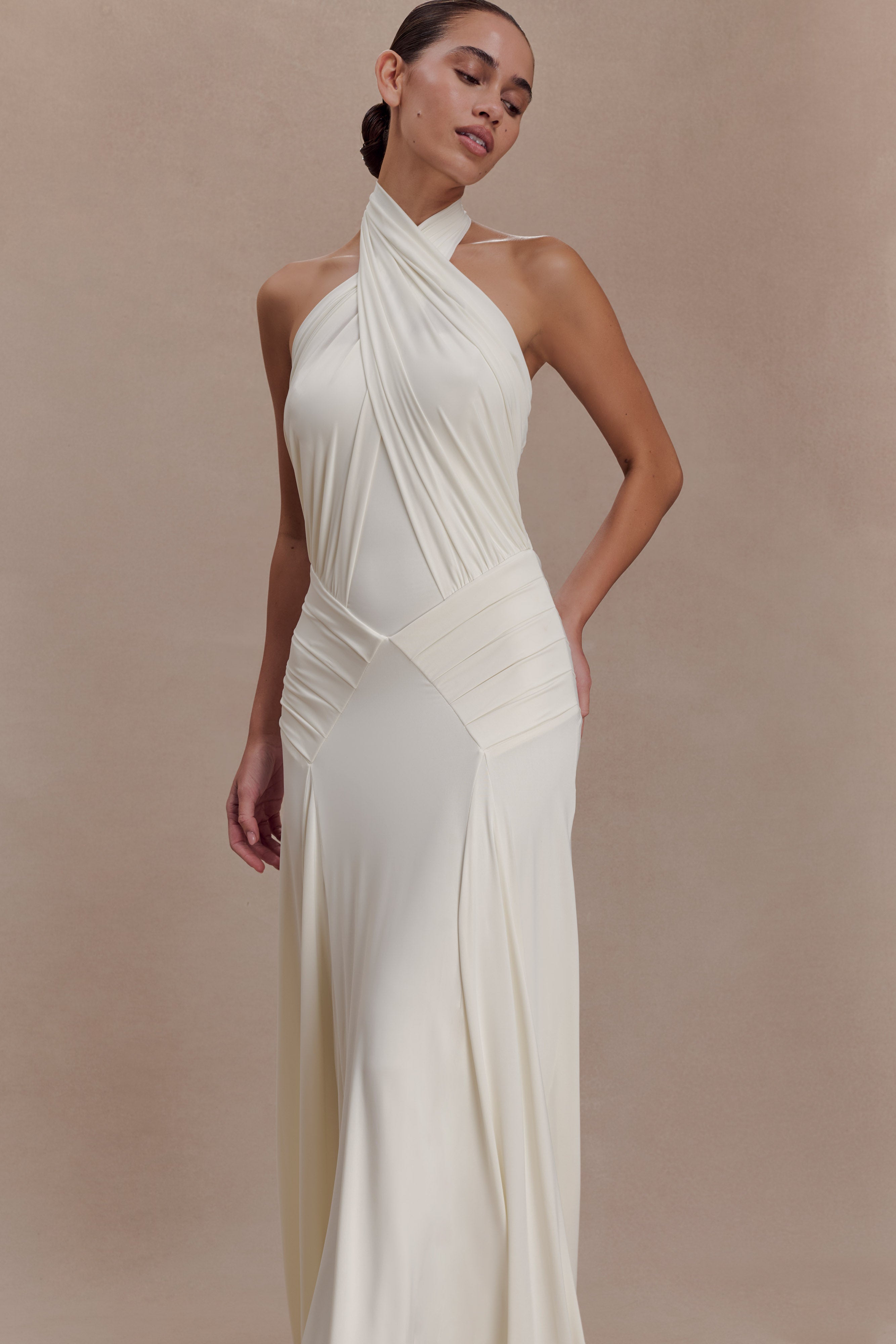 Indira Gathered Slinky Halter Maxi Dress - Ivory - Image 5