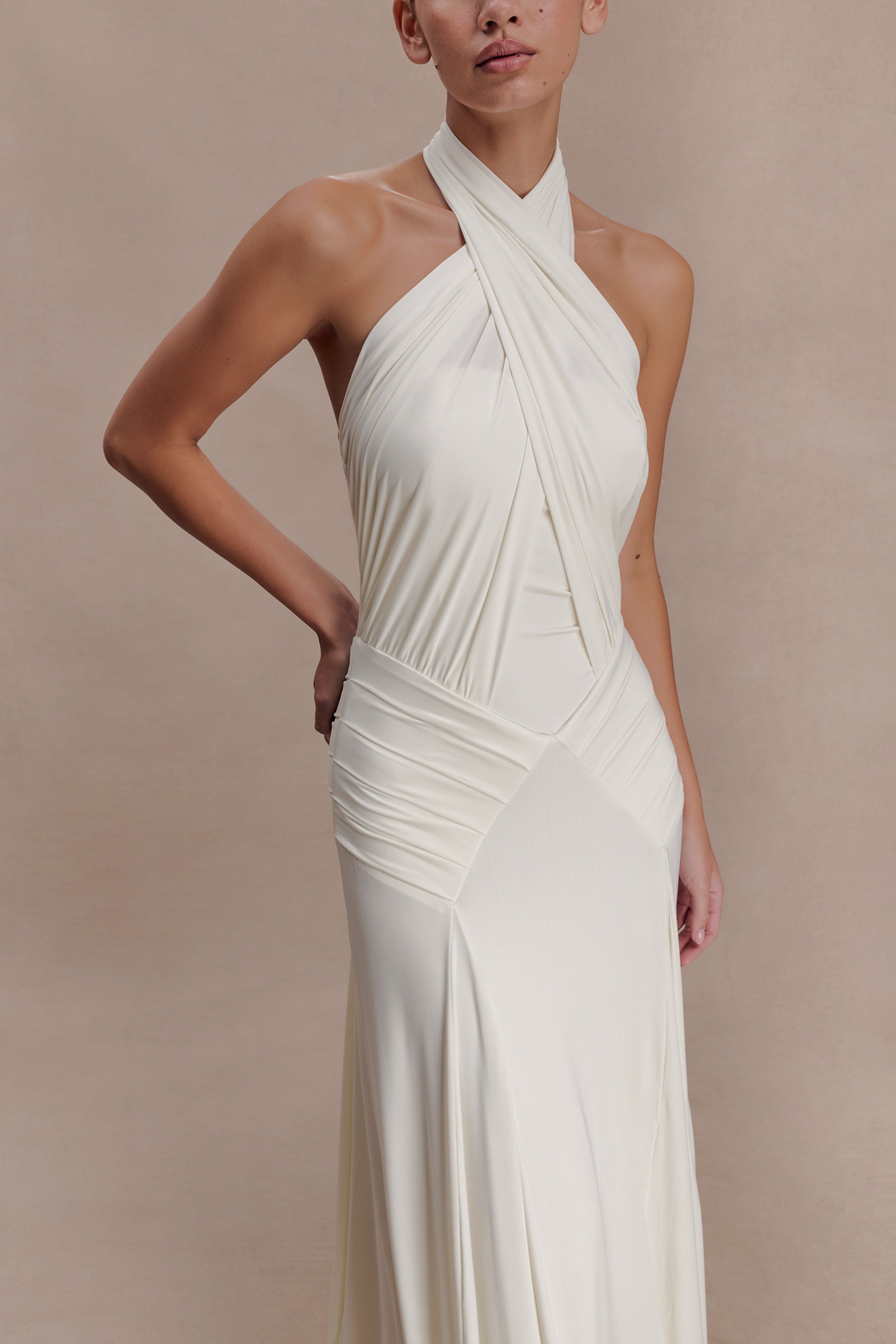 Indira Gathered Slinky Halter Maxi Dress - Ivory - Image 3