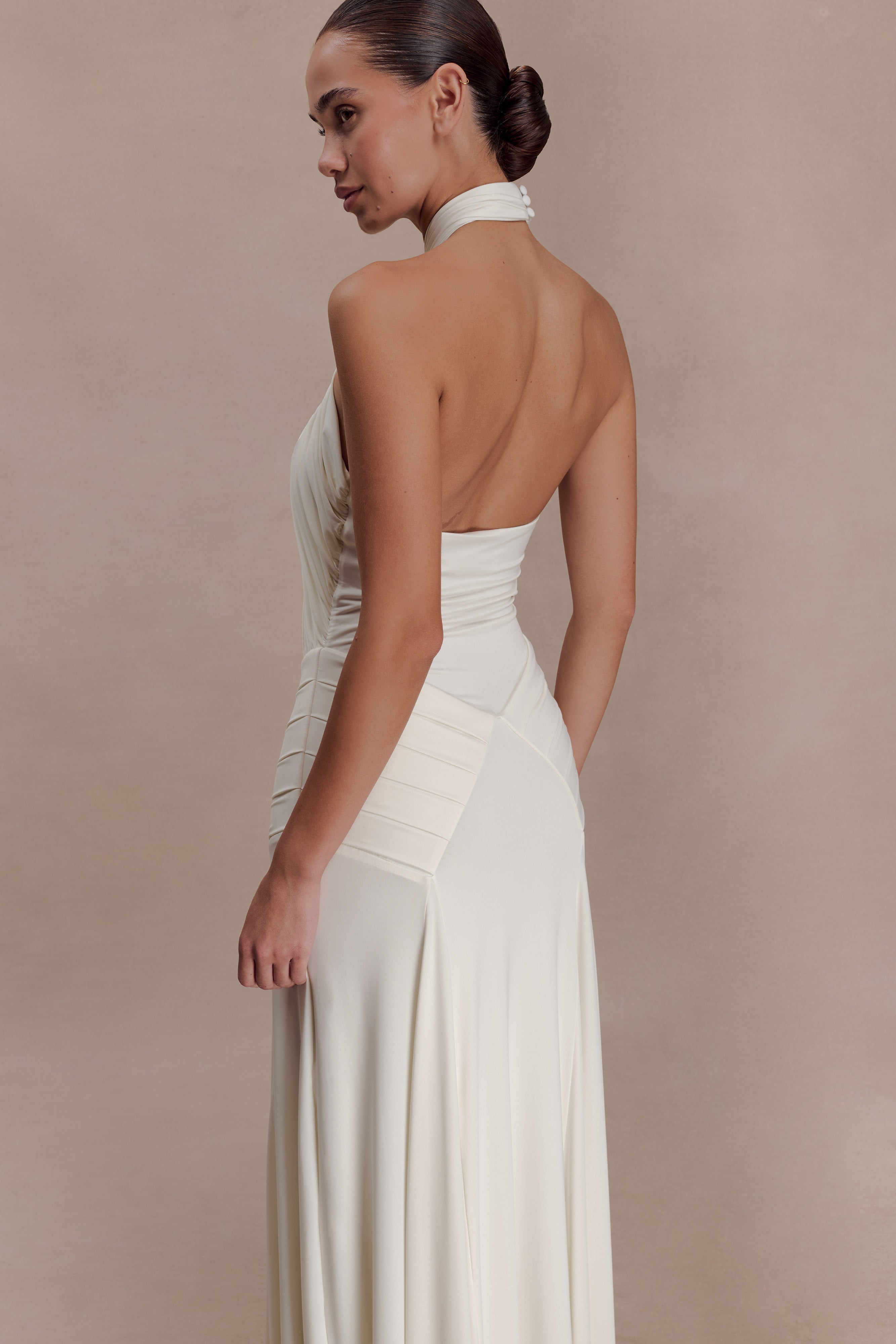 Indira Gathered Slinky Halter Maxi Dress - Ivory - Image 7