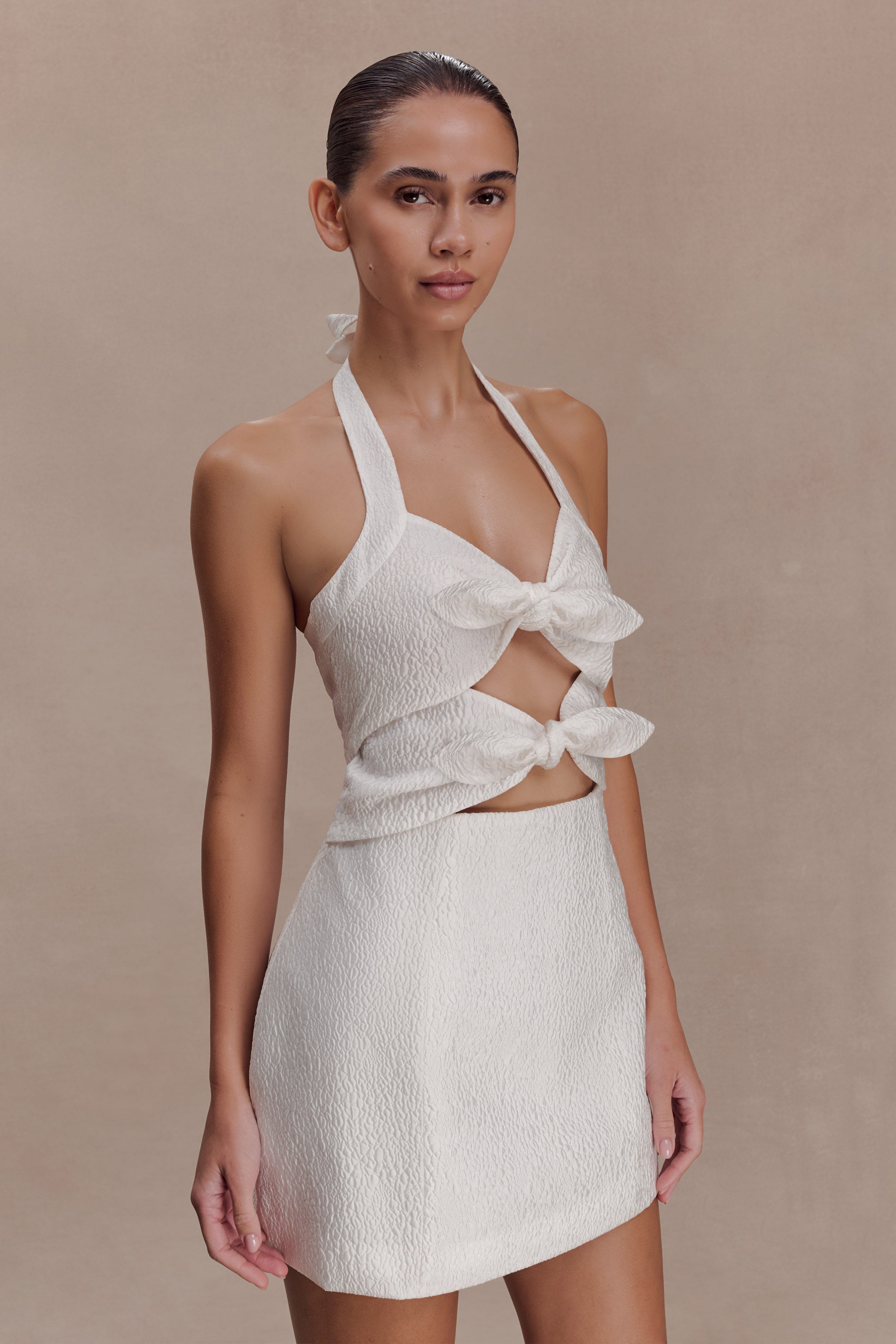 Ella Bow Detail Halter Mini Dress - White - Image 3
