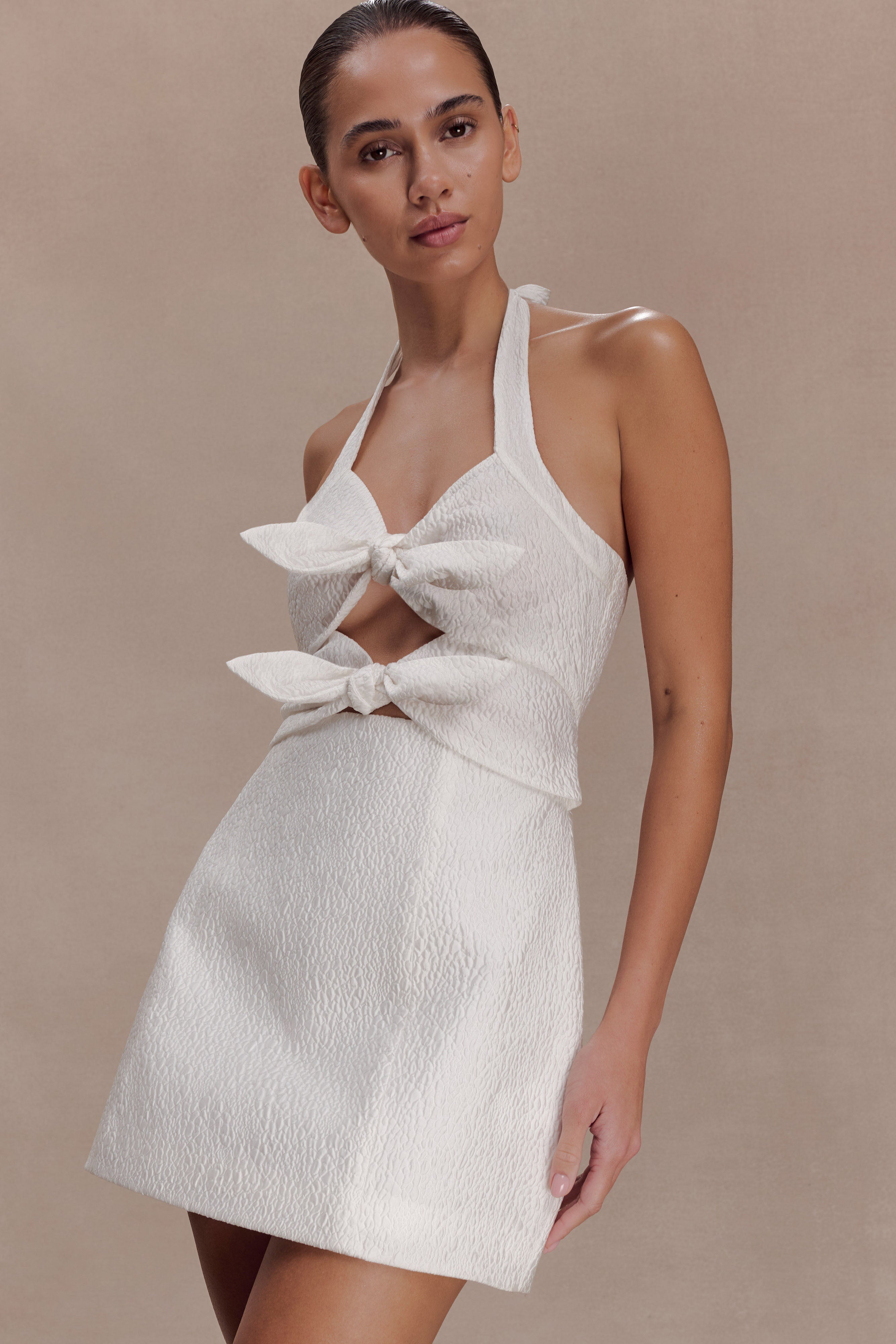 Ella Bow Detail Halter Mini Dress - White - Image 7