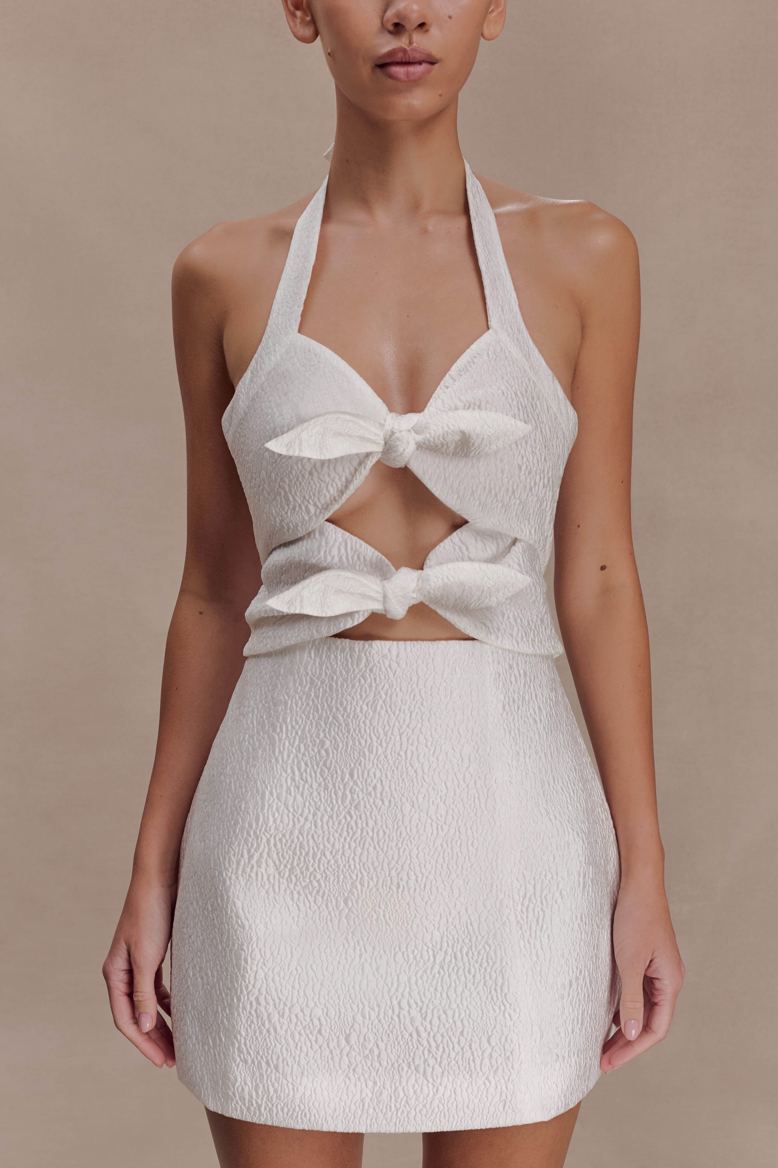 Ella Bow Detail Halter Mini Dress - White - Image 8