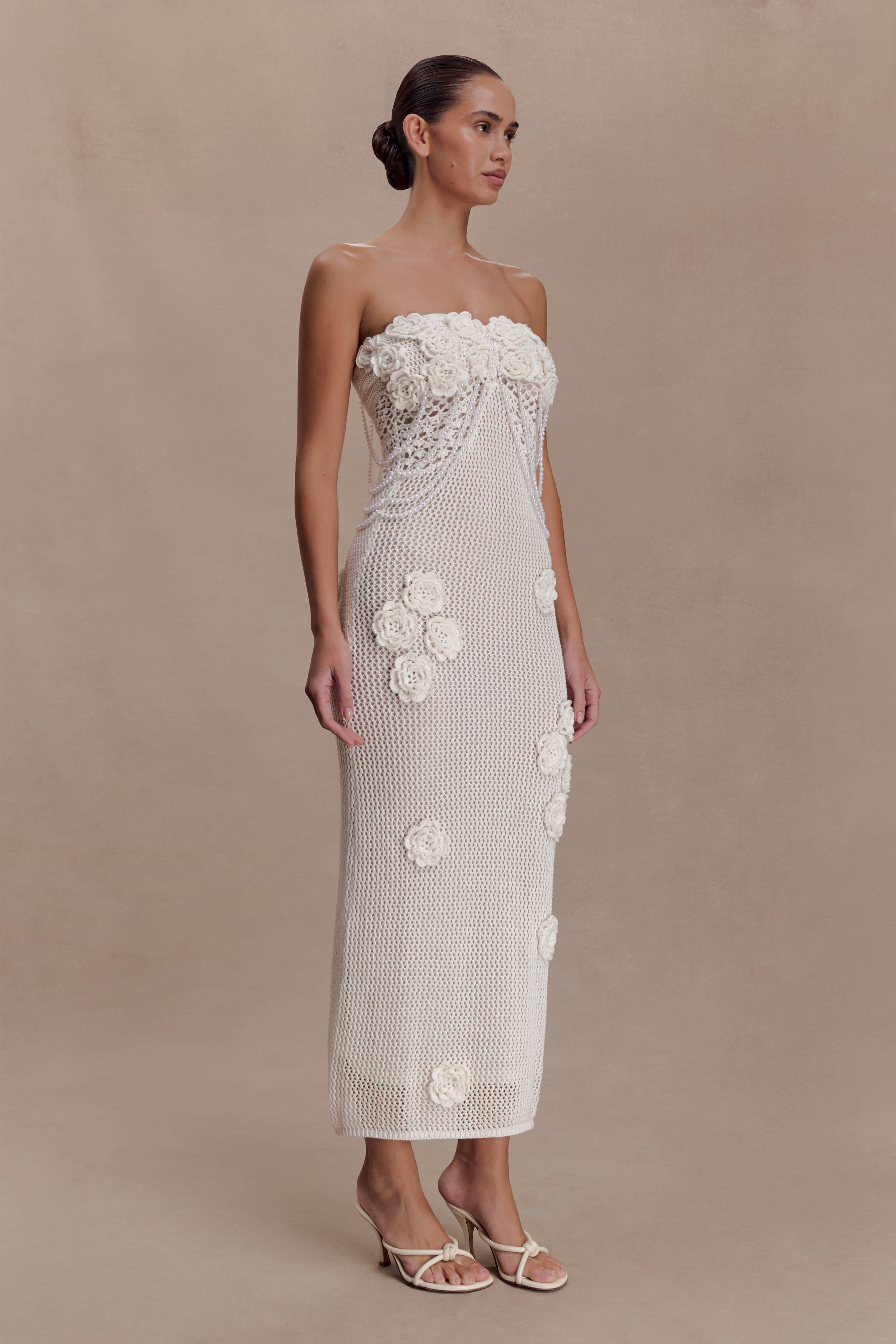 Samantha Crochet Midi Dress With Flowers - Ivory - Image 4