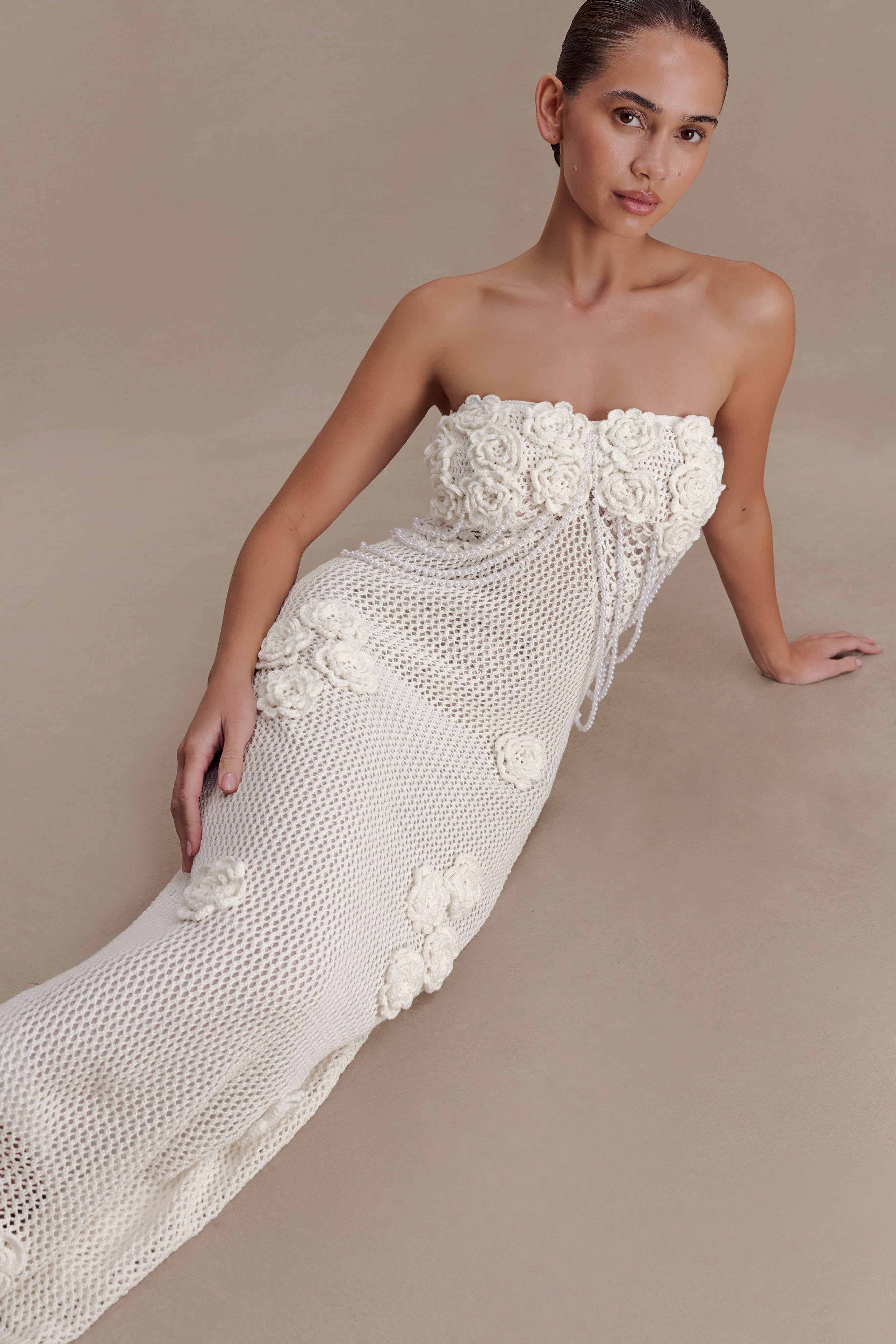 Samantha Crochet Midi Dress With Flowers - Ivory - Image 3