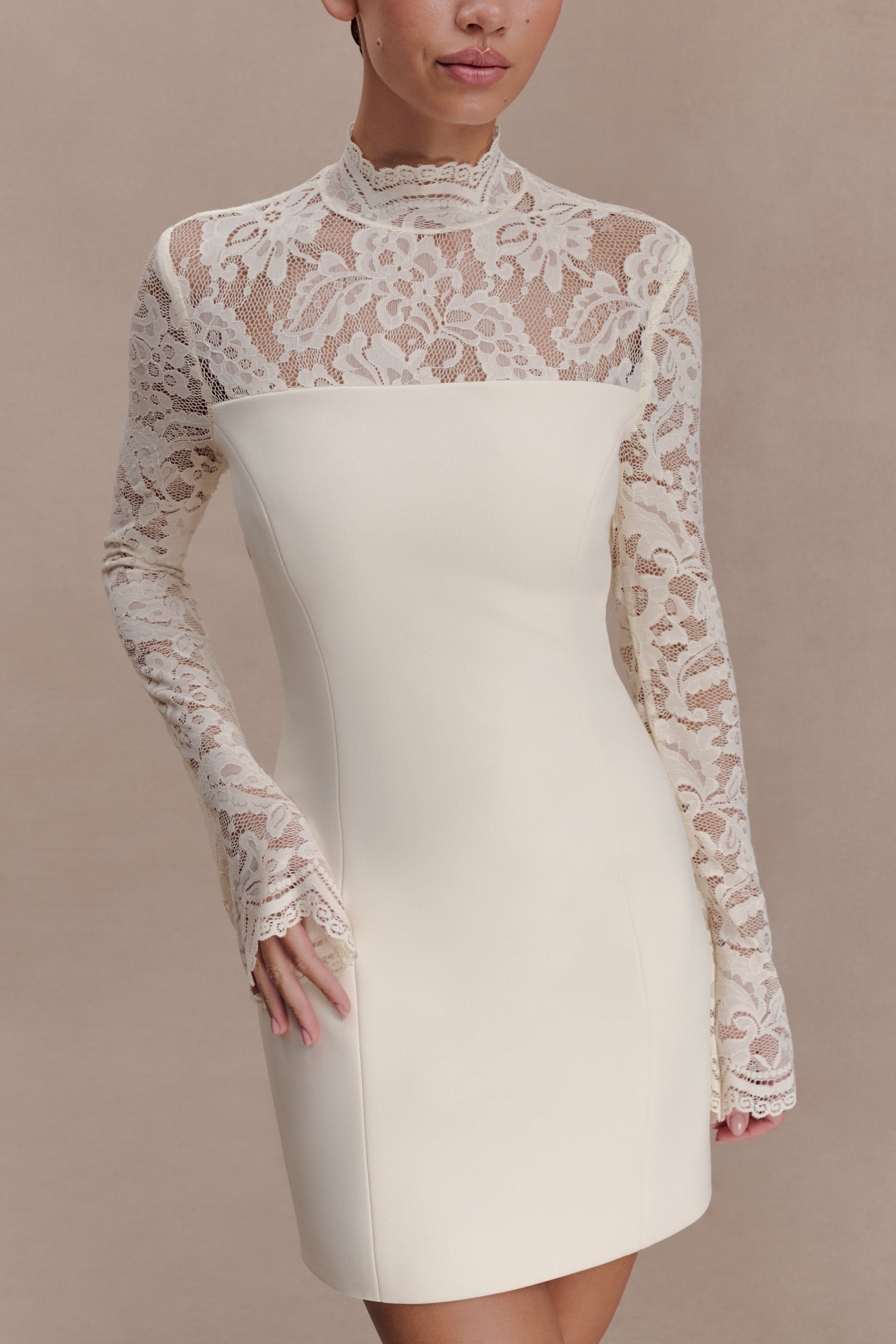 Aurelie Long Sleeve Lace Mini Dress - Ivory - Image 3