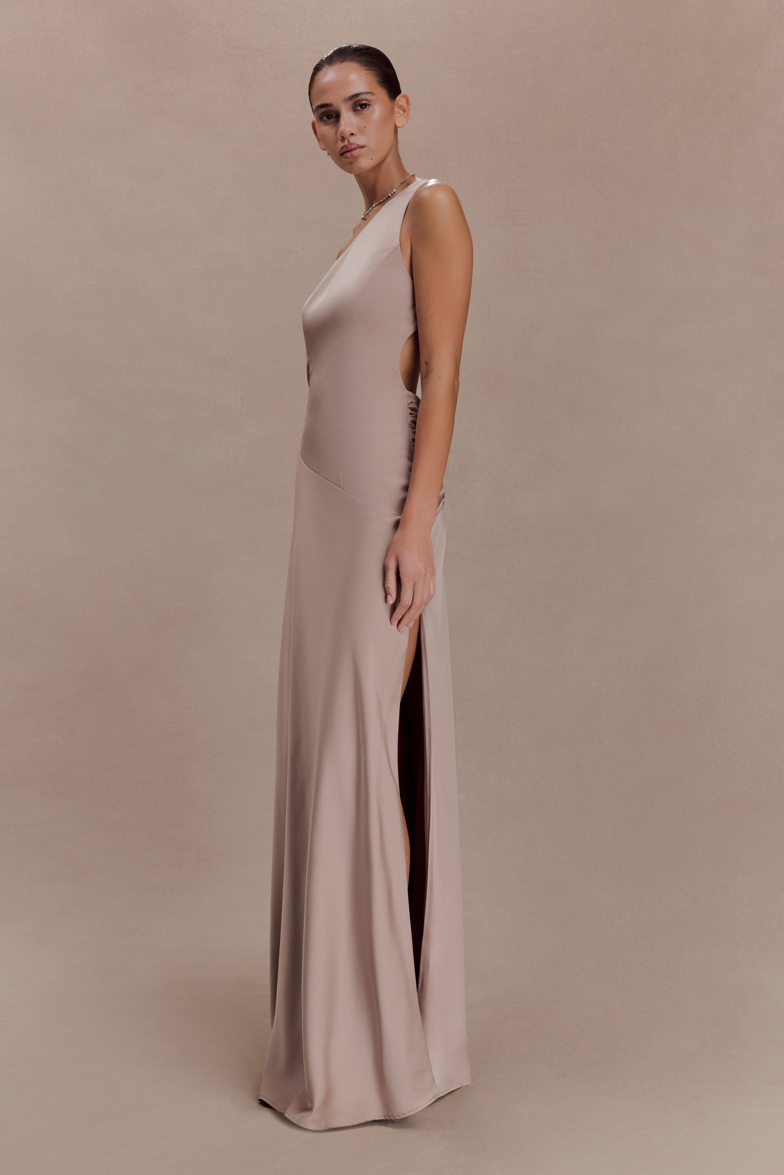 Lyla Asymmetrical Satin Maxi Dress - Bronze Taupe - Image 3
