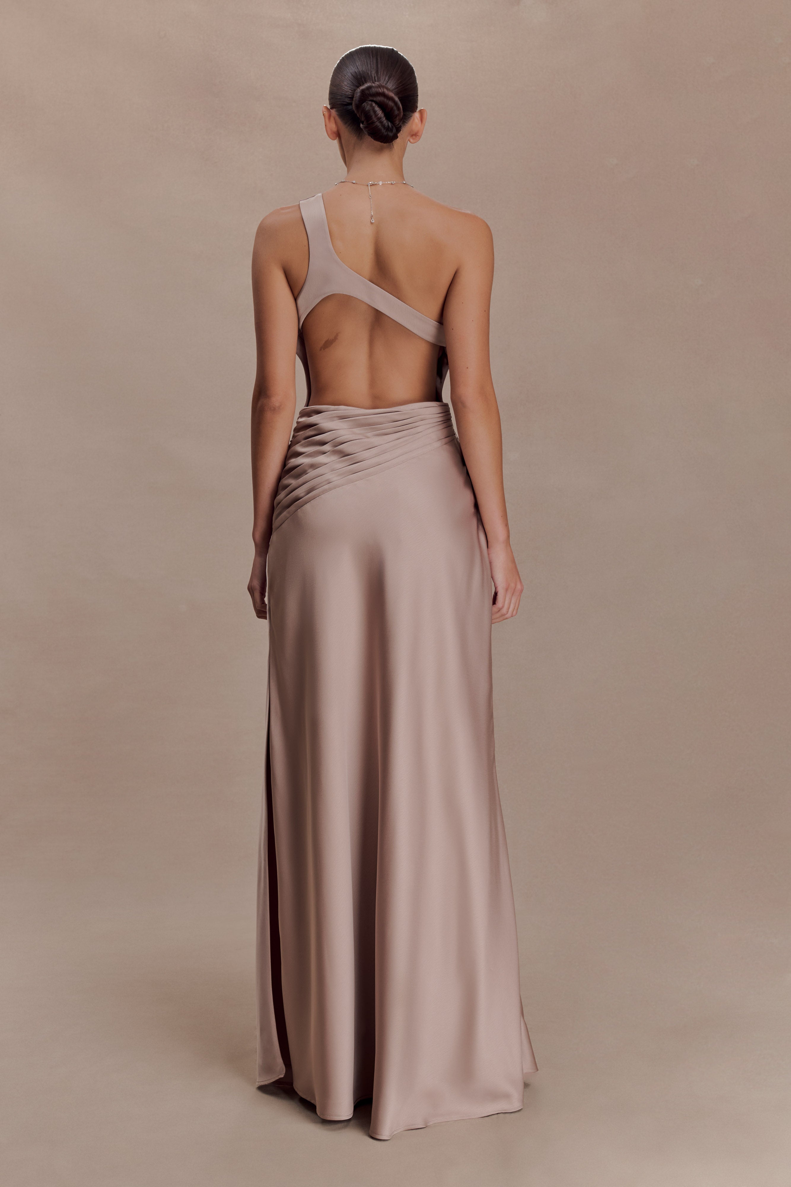 Lyla Asymmetrical Satin Maxi Dress - Bronze Taupe - Image 2
