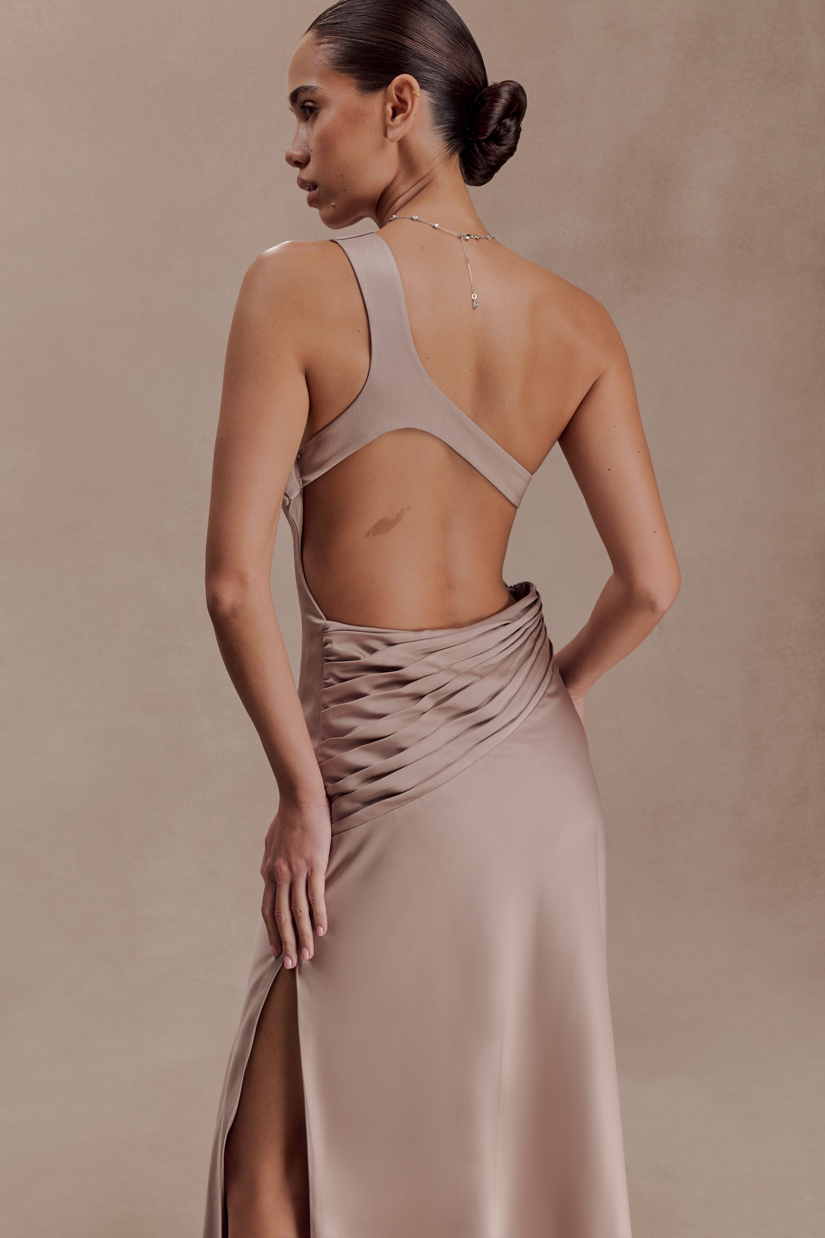 Lyla Asymmetrical Satin Maxi Dress - Bronze Taupe - Image 5