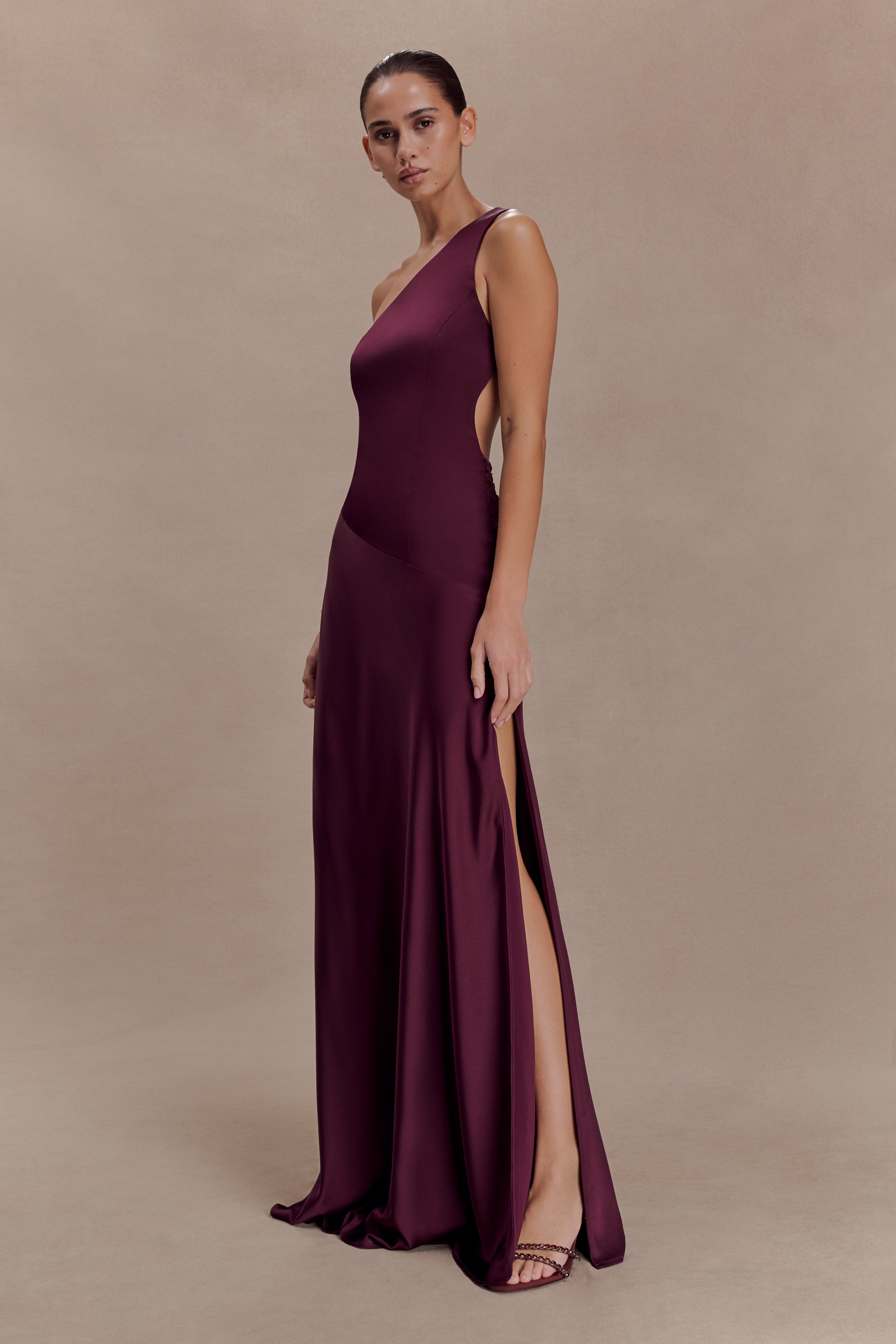 Lyla Asymmetrical Satin Maxi Dress - Plum - Image 3