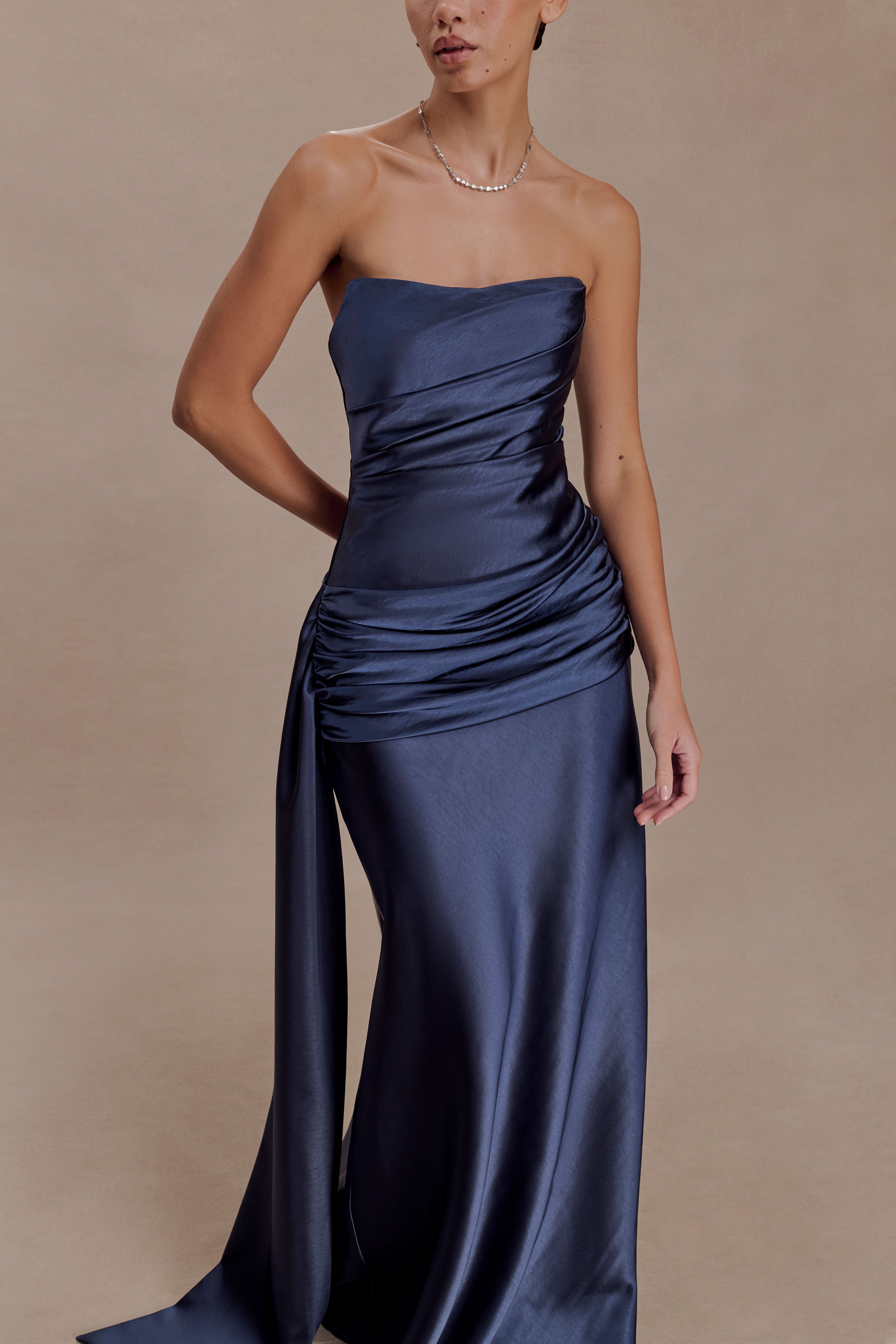 Sarah Strapless Maxi Dress With Waist Tie - Navy - Image 3