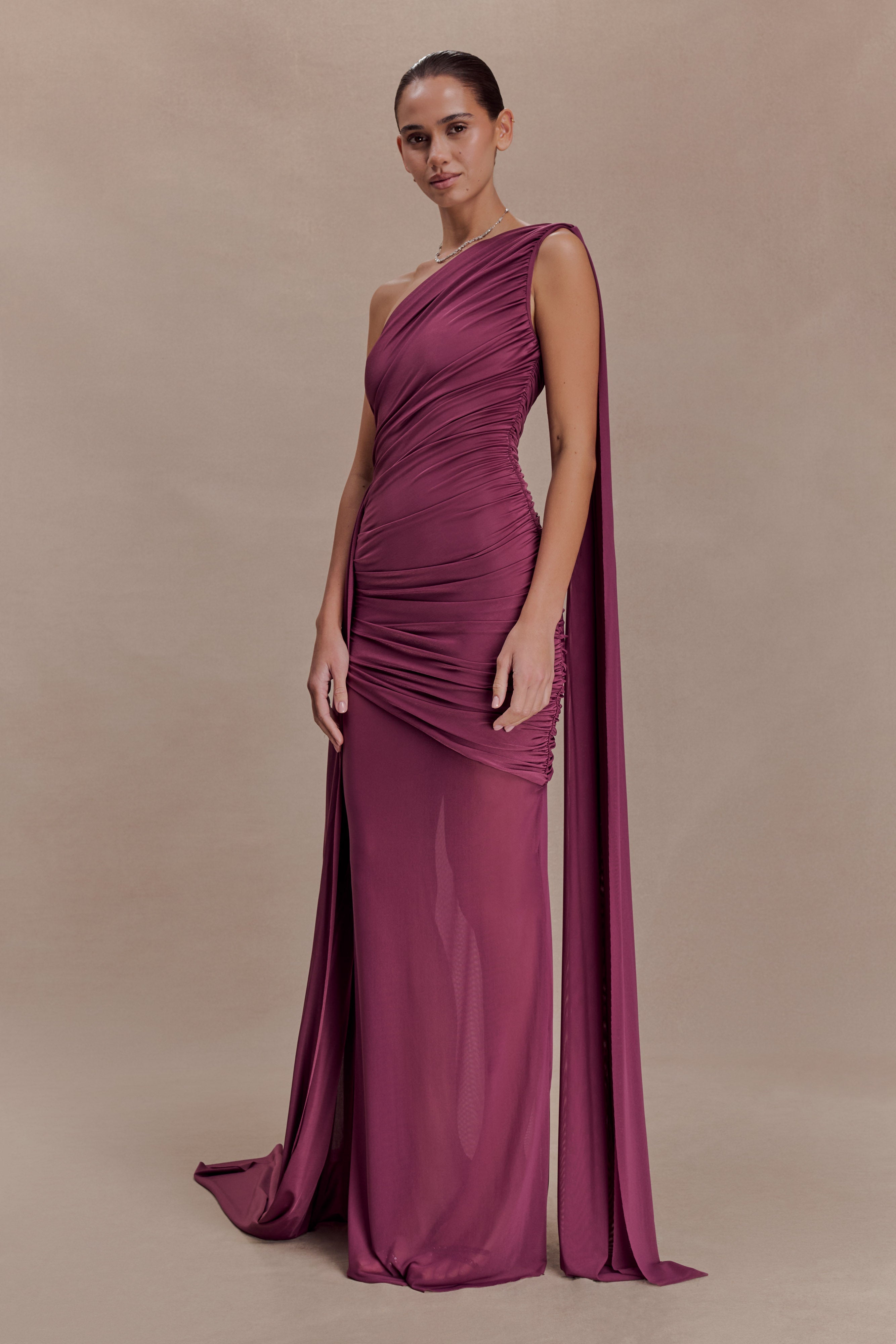 Asher Slinky One Shoulder Maxi Dress - Neutral Plum - Image 5