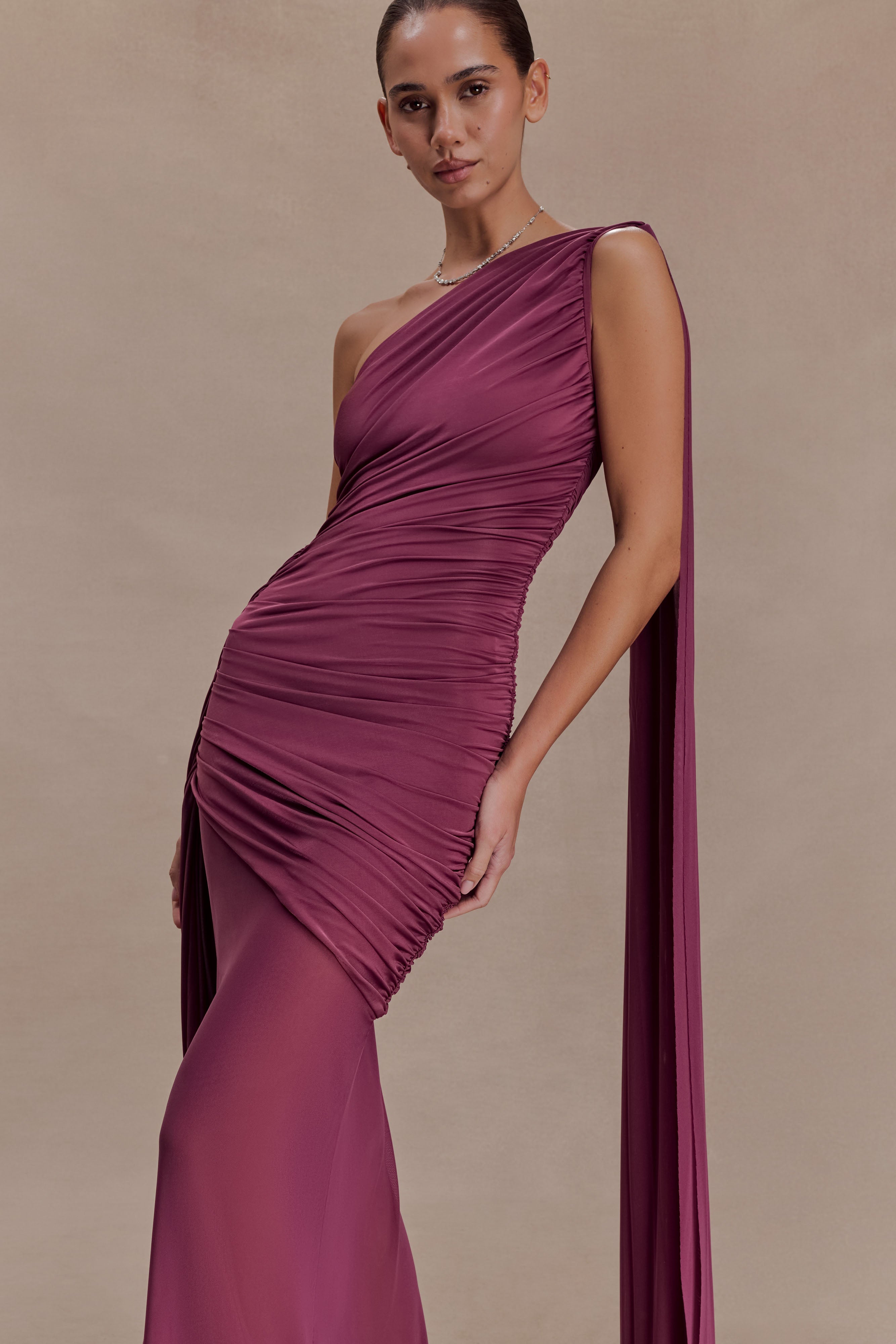Asher Slinky One Shoulder Maxi Dress - Neutral Plum - Image 3