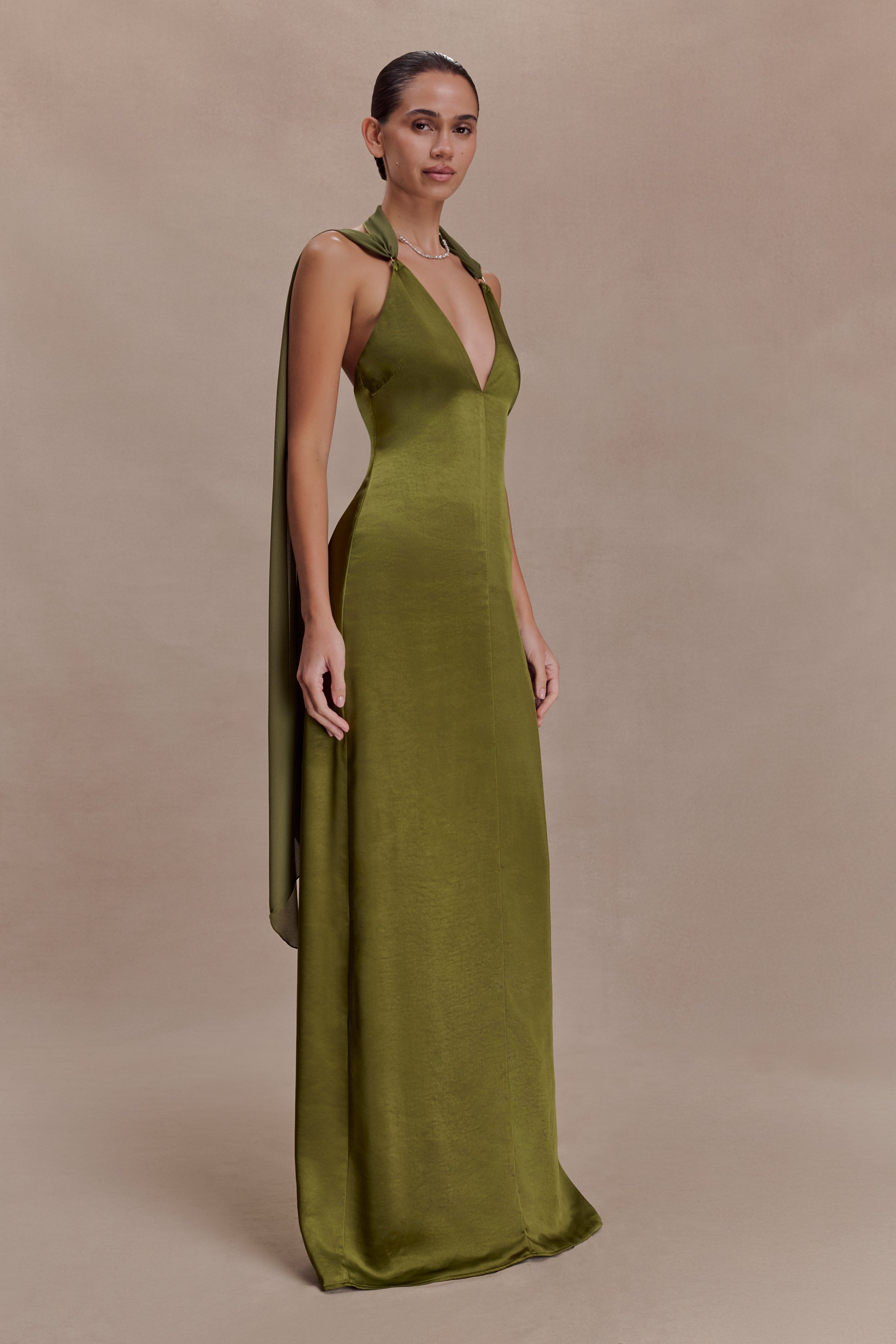 Myla Draped Shoulders Satin Maxi Dress - Khaki - Image 4