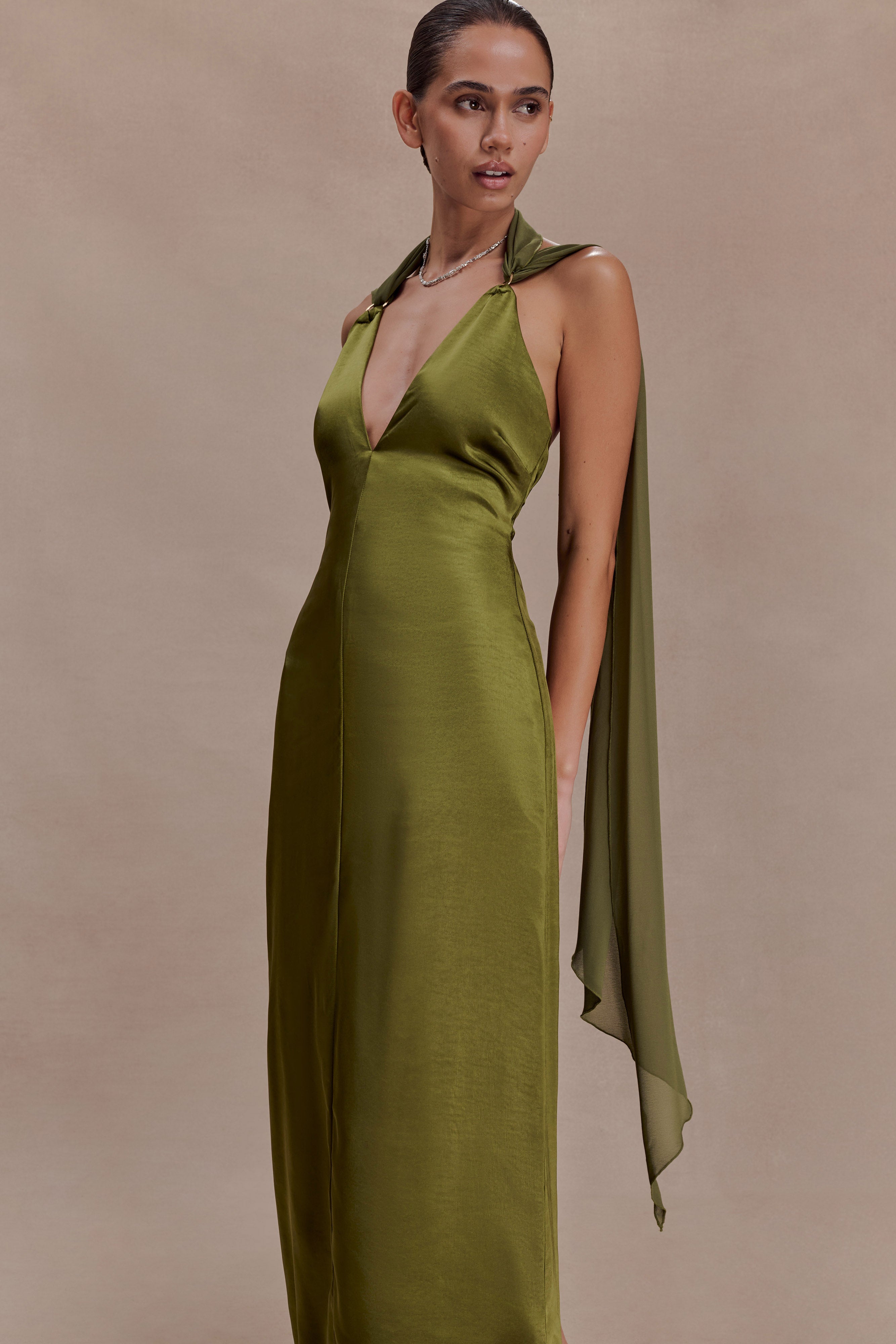 Myla Draped Shoulders Satin Maxi Dress - Khaki - Image 7