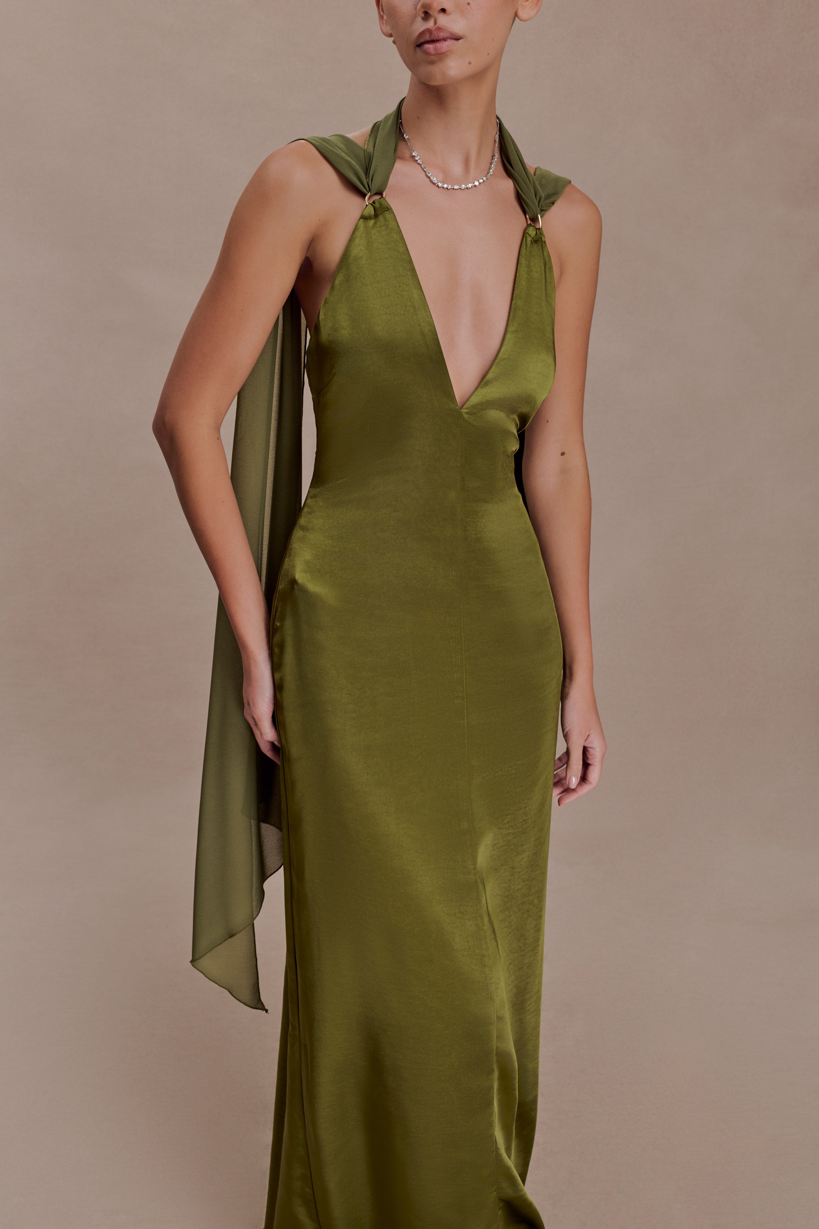 Myla Draped Shoulders Satin Maxi Dress - Khaki - Image 3