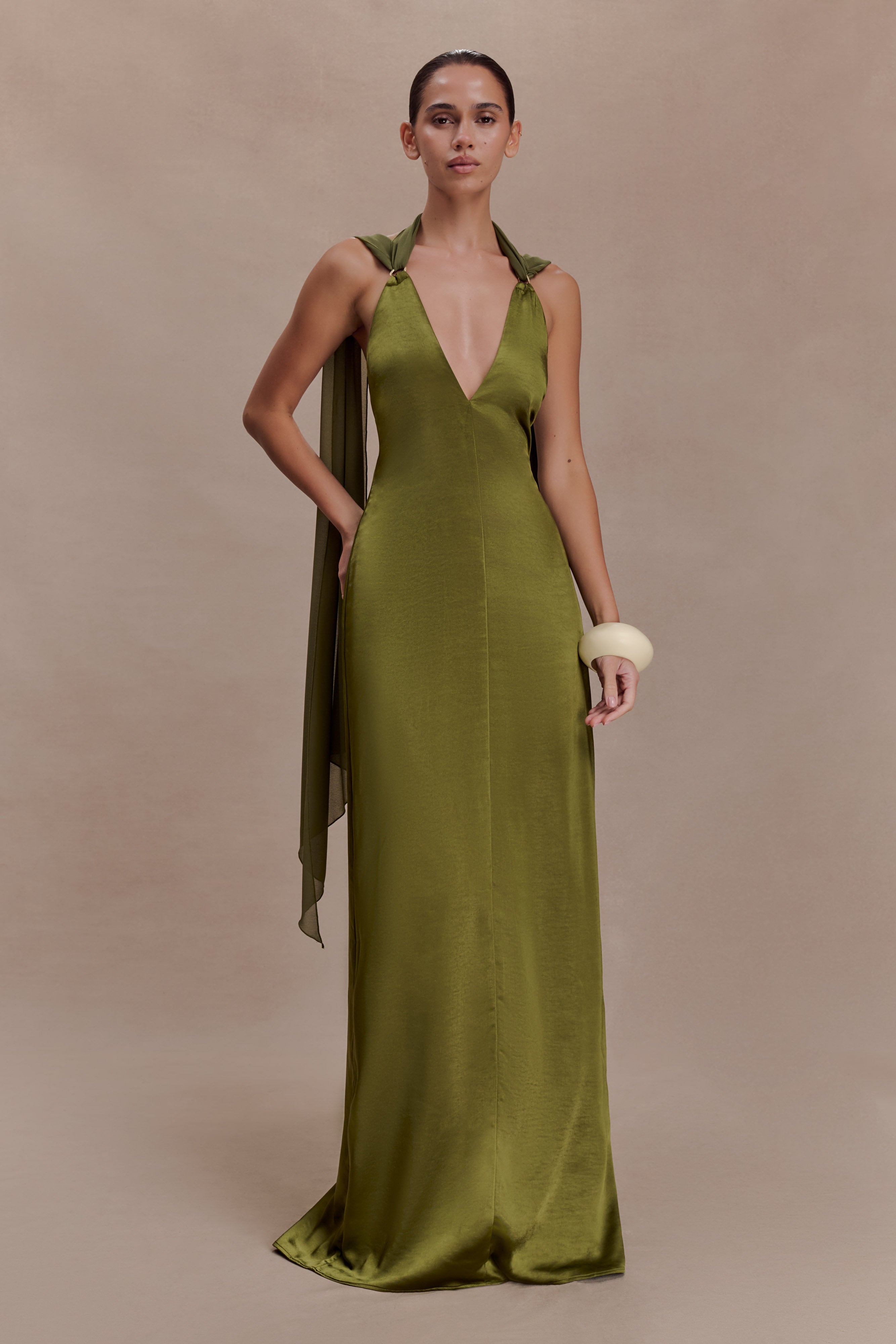 Myla Draped Shoulders Satin Maxi Dress - Khaki - Image 5