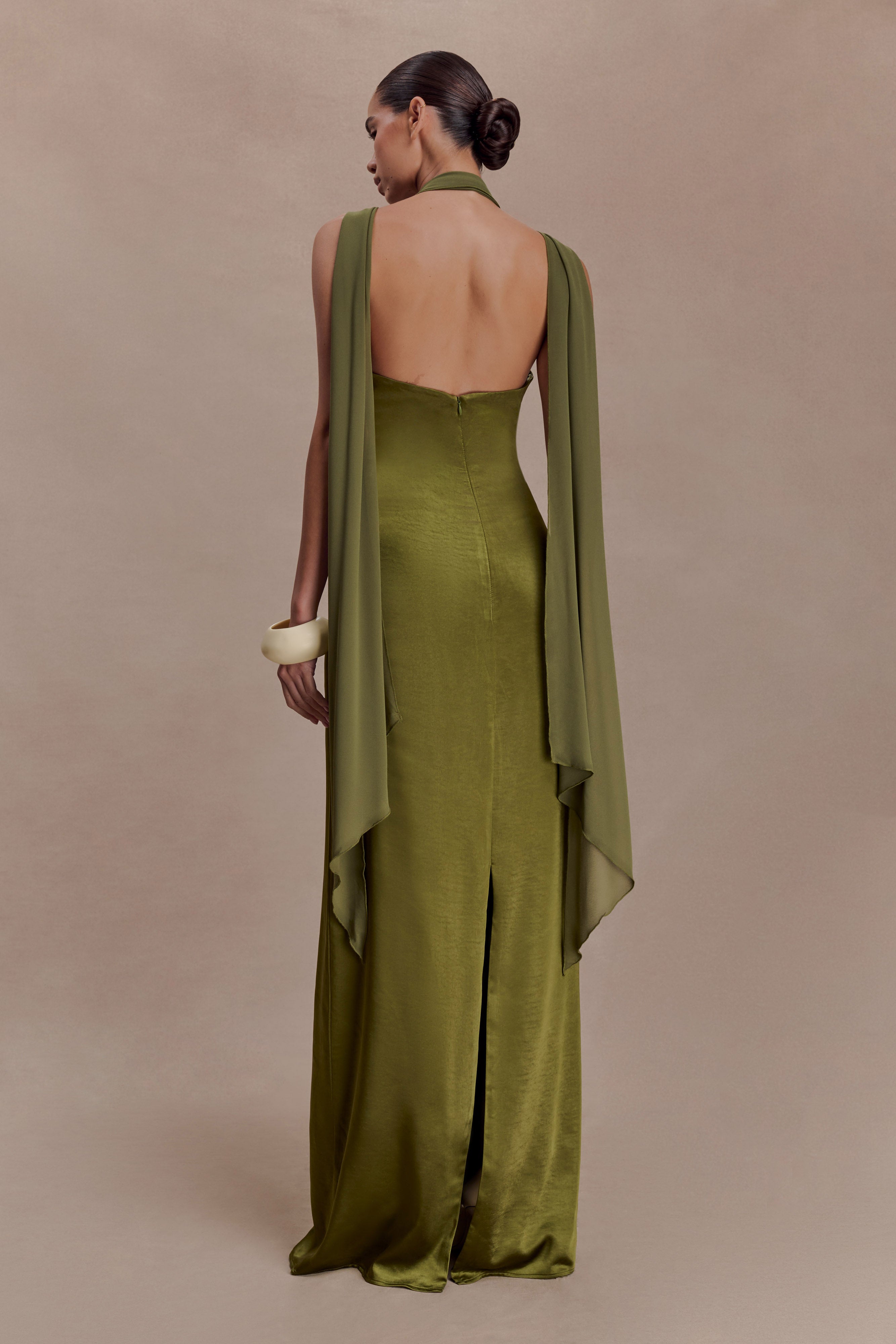 Myla Draped Shoulders Satin Maxi Dress - Khaki - Image 2