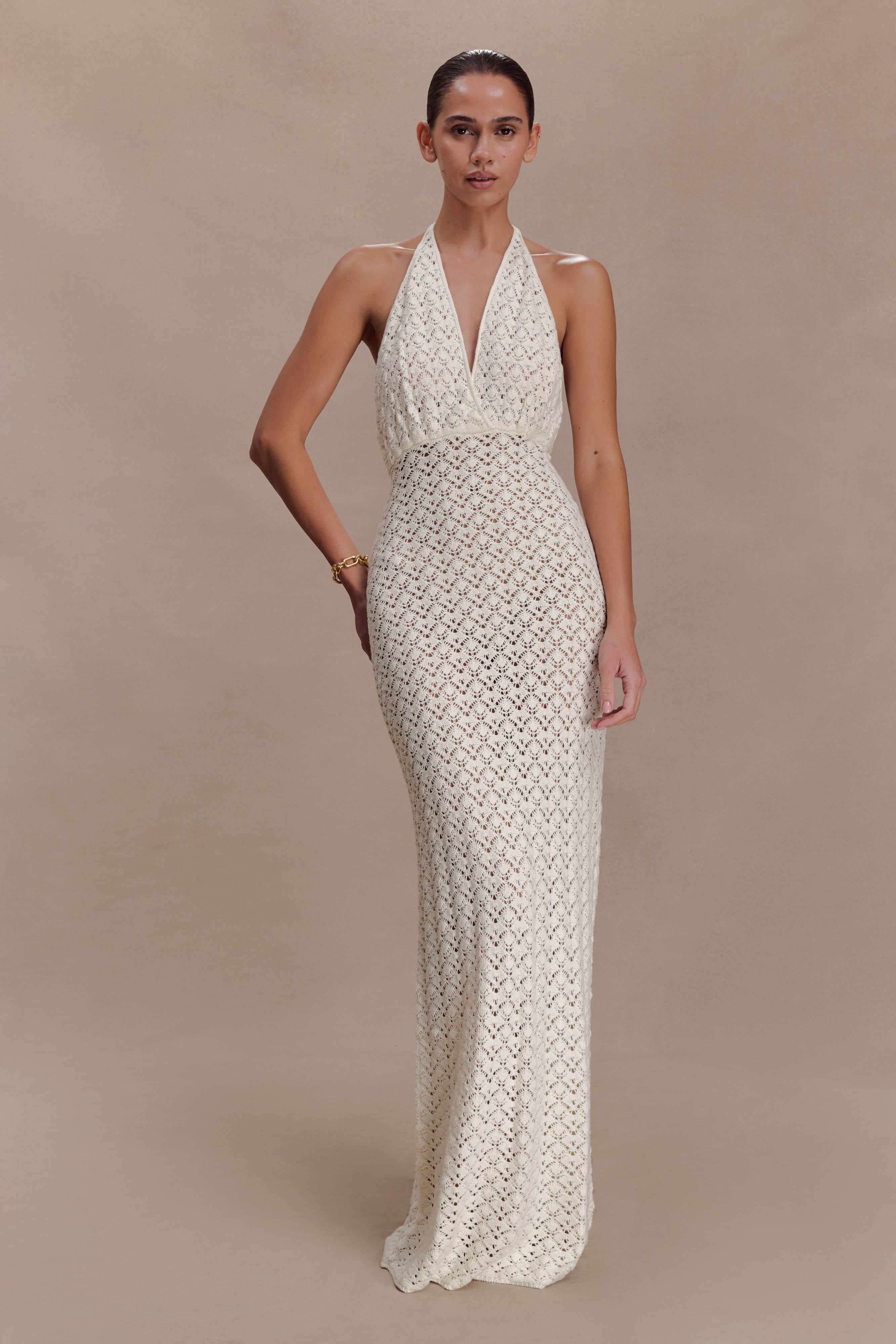 Deeliah Halterneck Crochet Maxi Dress - Ivory - Image 5
