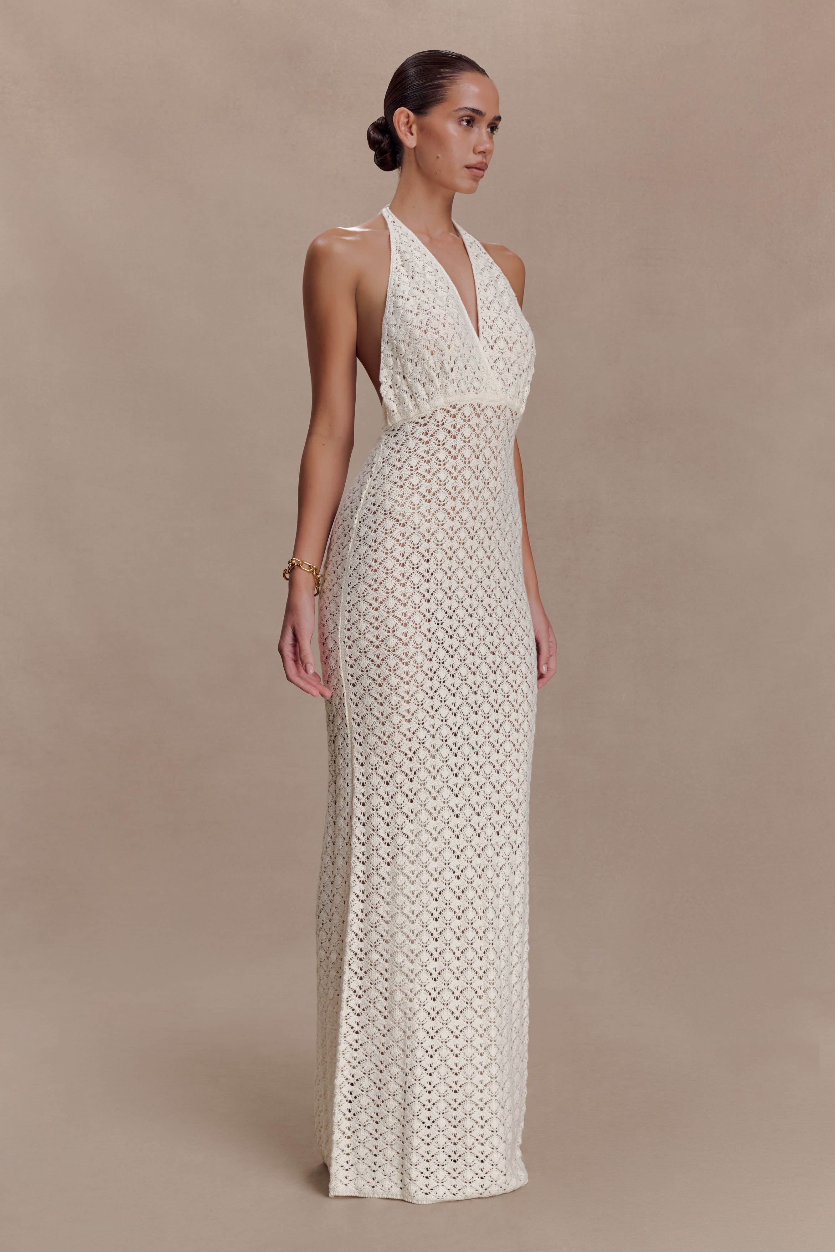 Deeliah Halterneck Crochet Maxi Dress - Ivory - Image 4