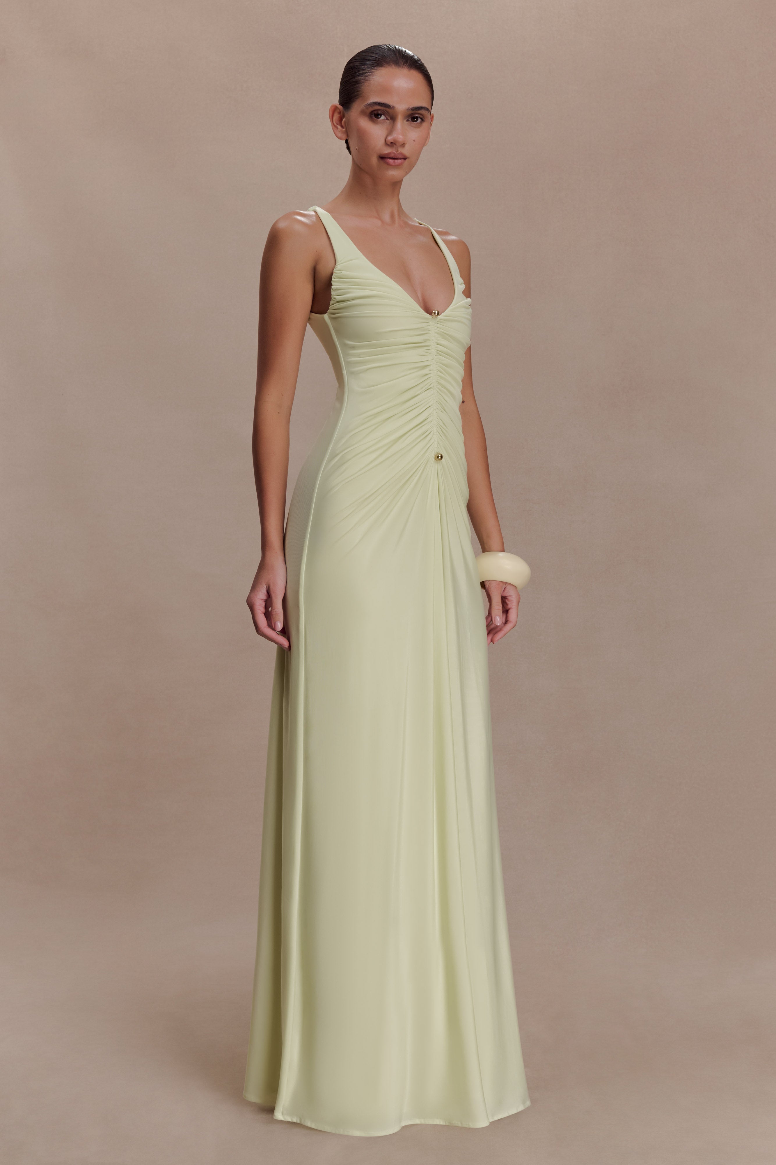 Perrie Slinky Ruched Maxi Dress - Pastel Lime - Image 4