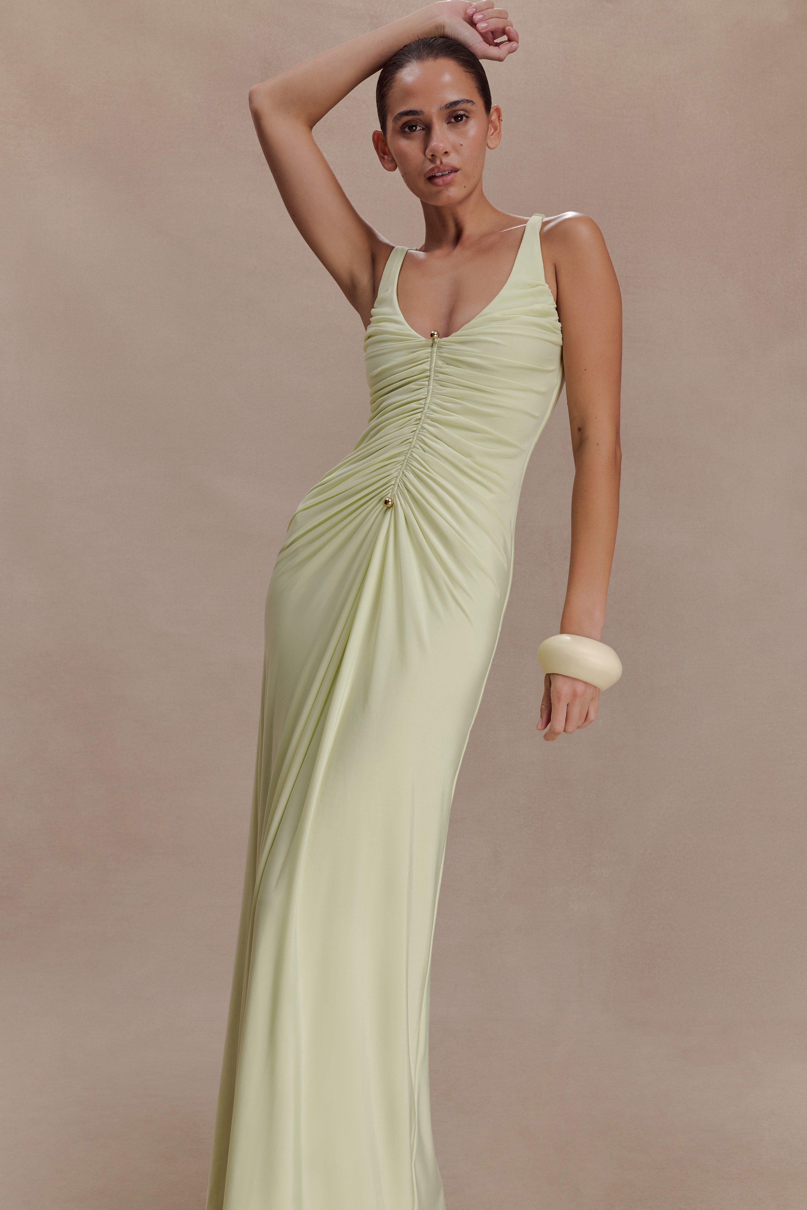 Perrie Slinky Ruched Maxi Dress - Pastel Lime - Image 3