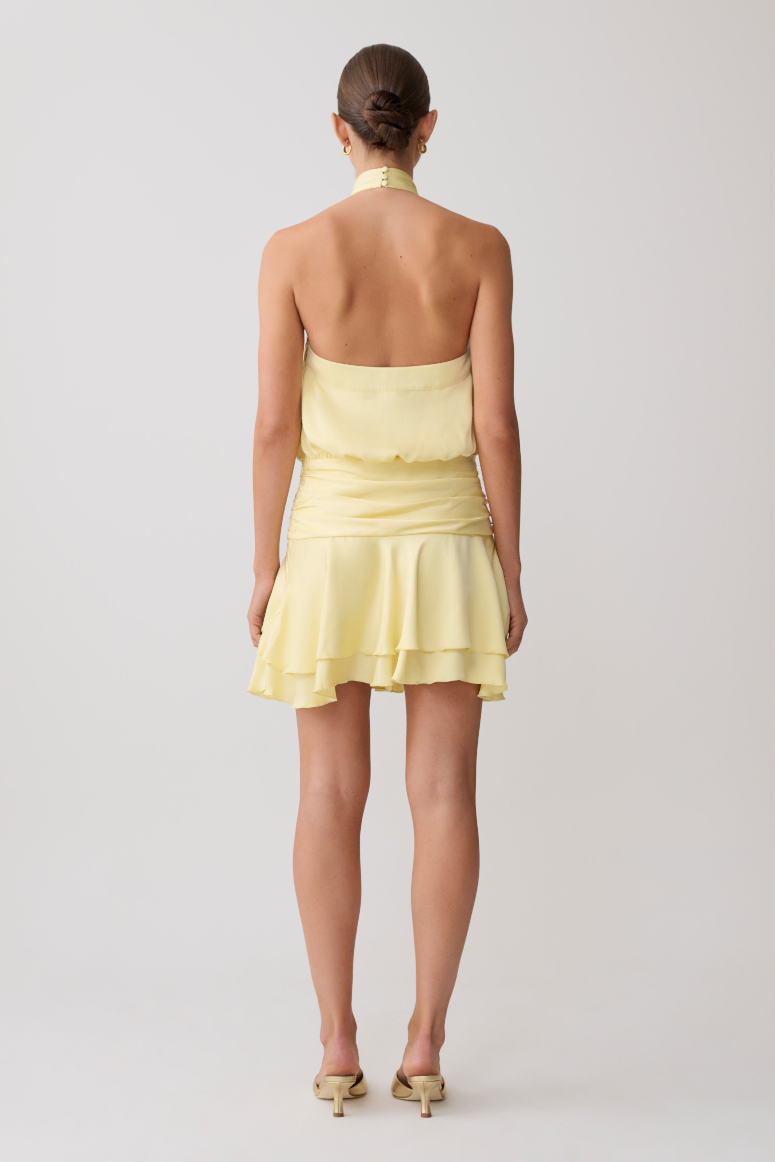 Poppy Satin Halter Mini Dress - Lemon - Image 3