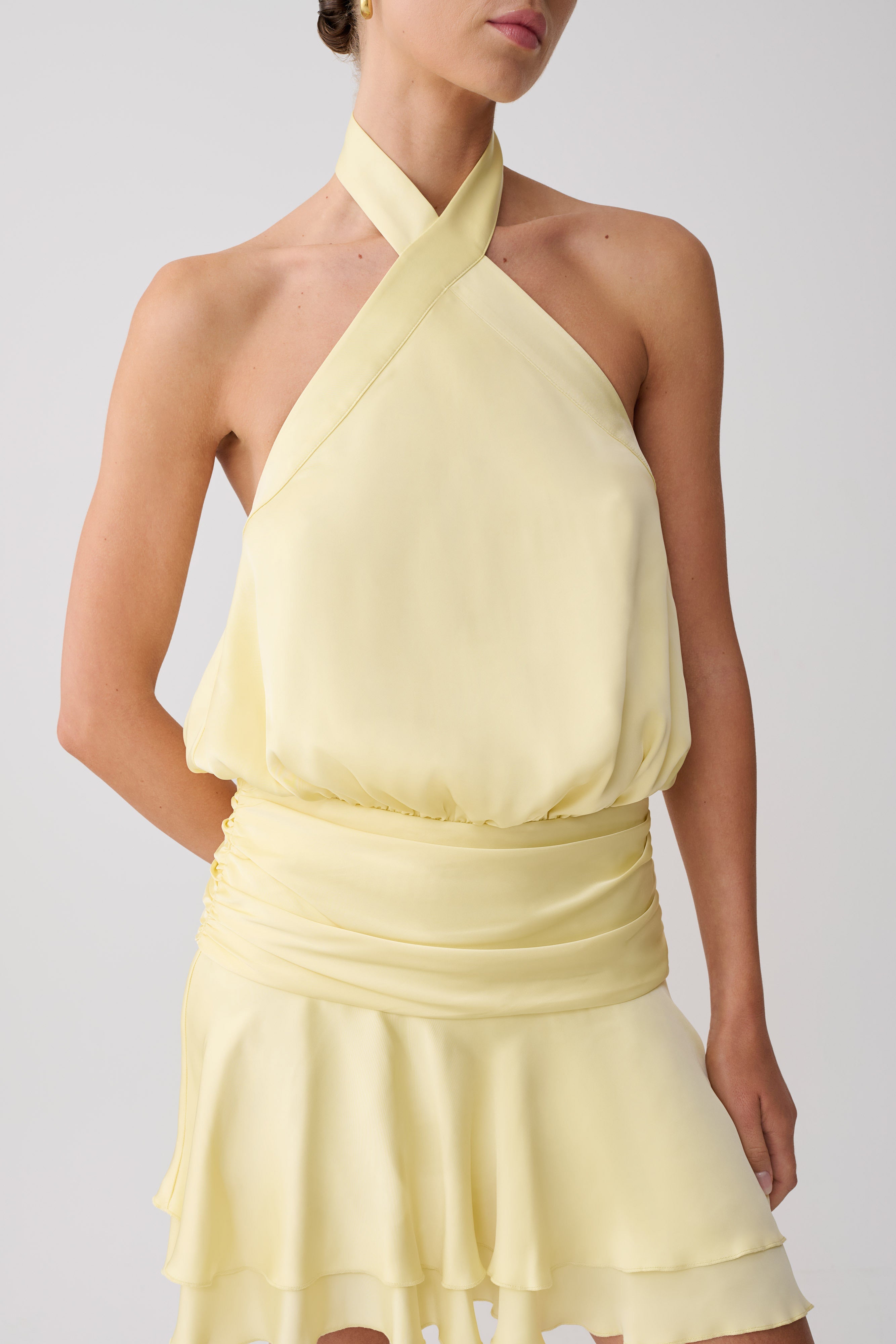 Poppy Satin Halter Mini Dress - Lemon - Image 4