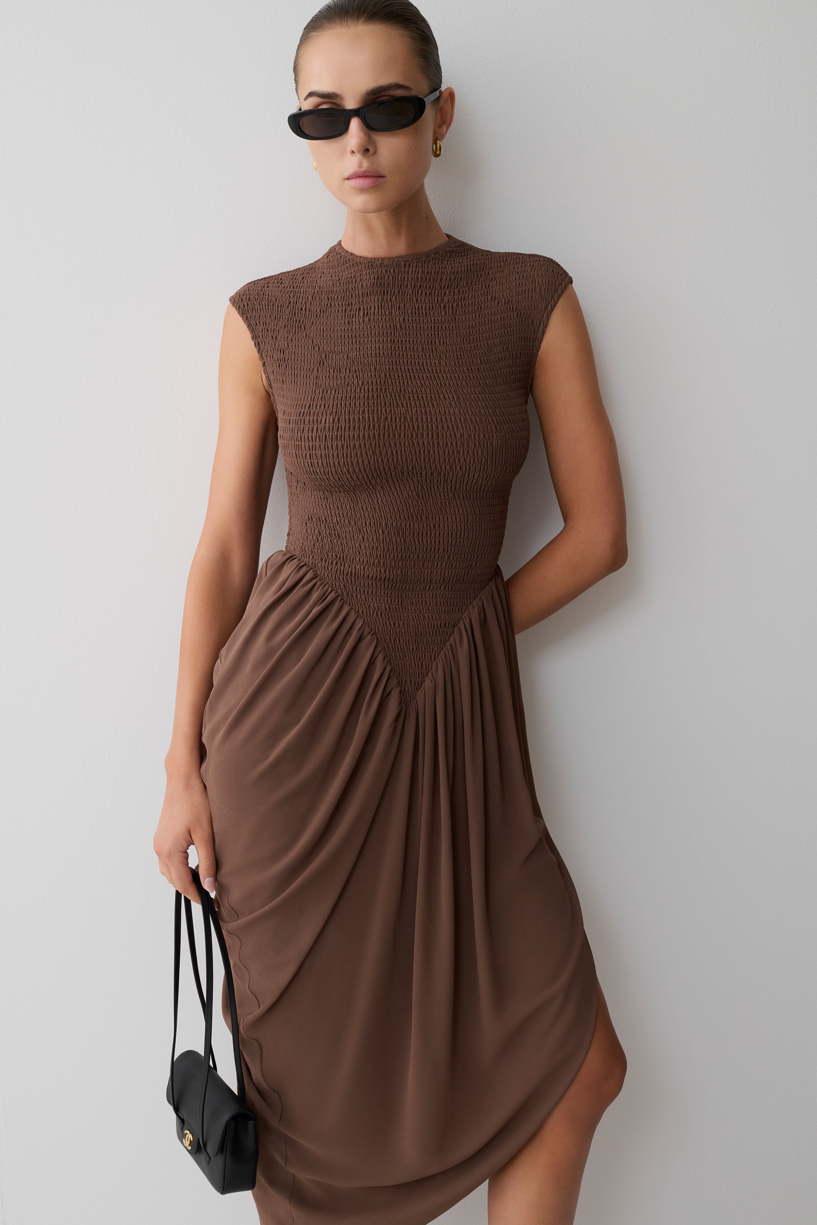 Nola Shirred Asymmetric Midi Dress - Mocha - Image 7