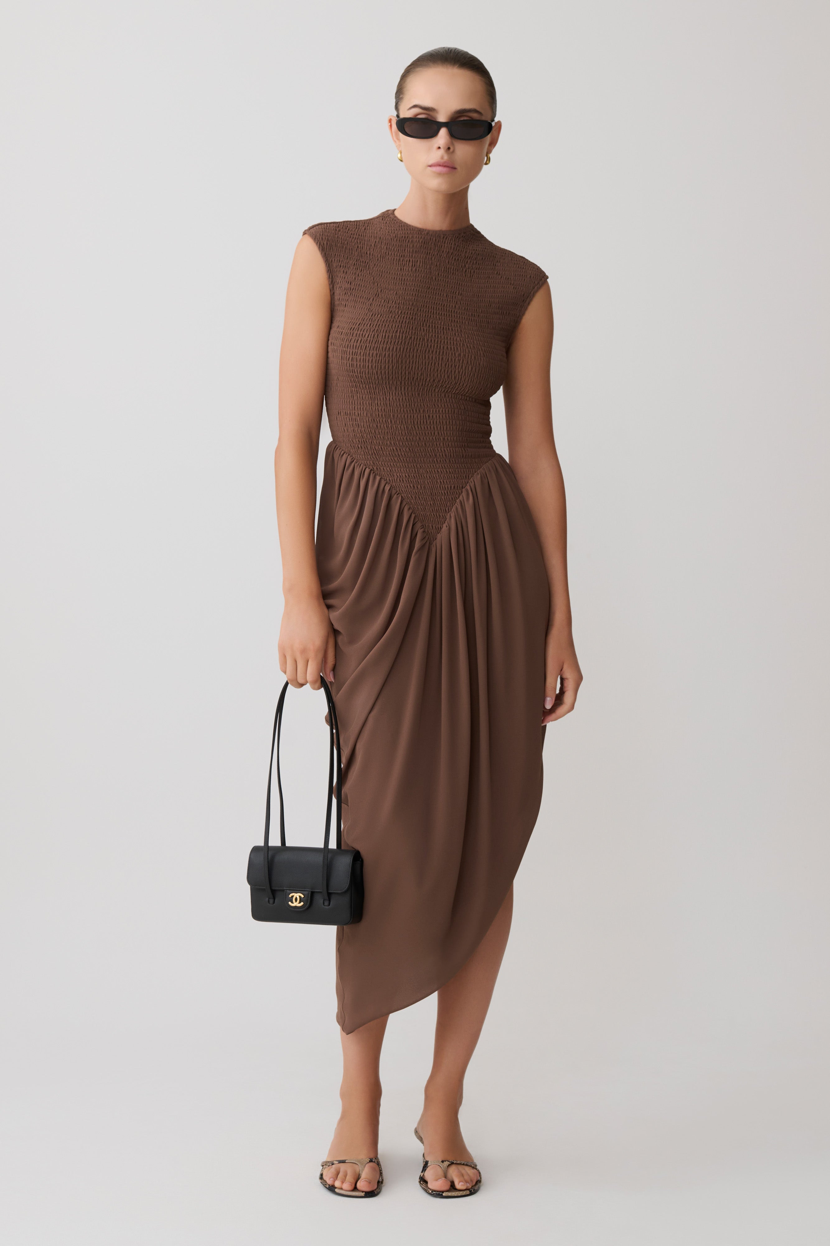 Nola Shirred Asymmetric Midi Dress - Mocha - Image 6