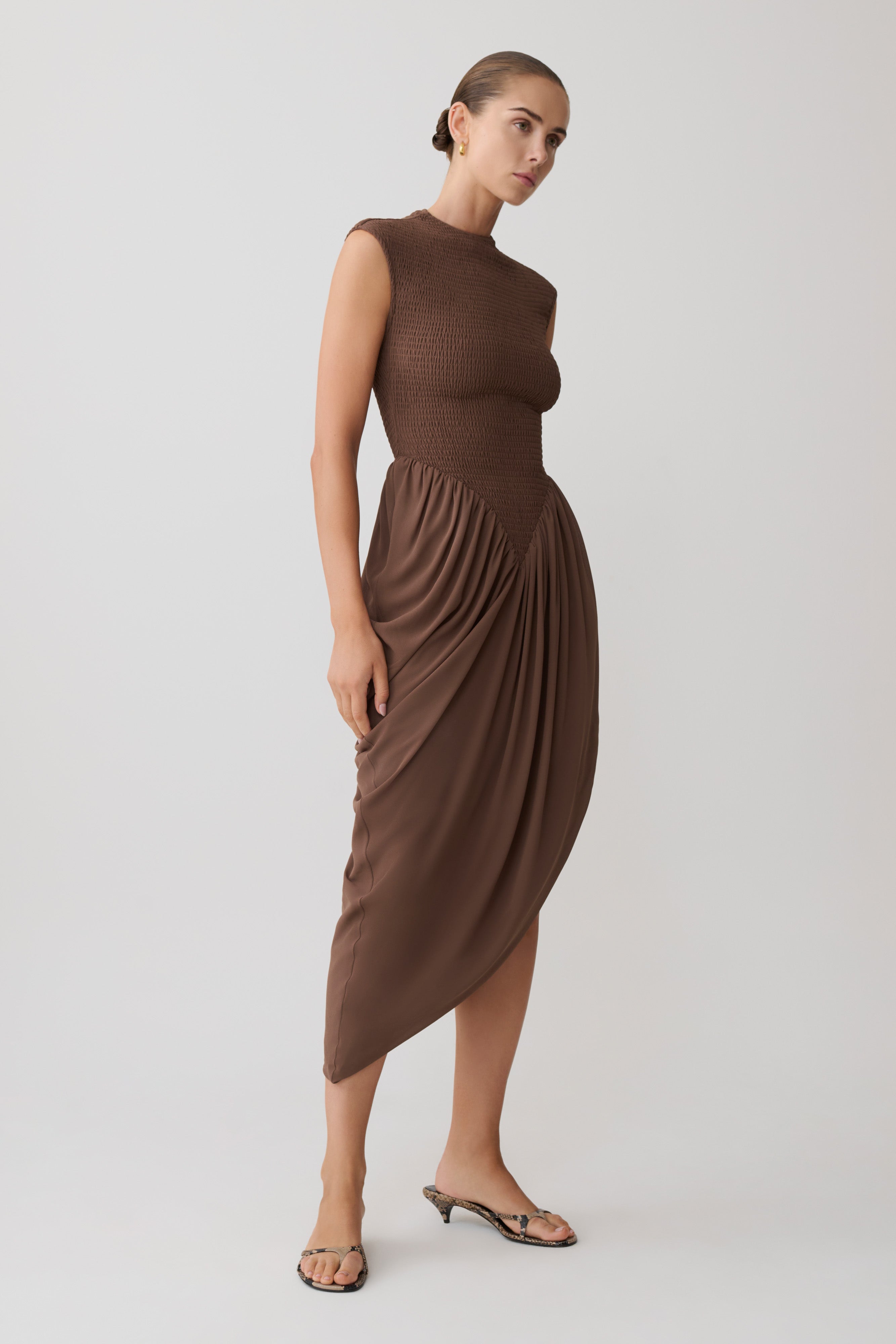 Nola Shirred Asymmetric Midi Dress - Mocha - Image 5