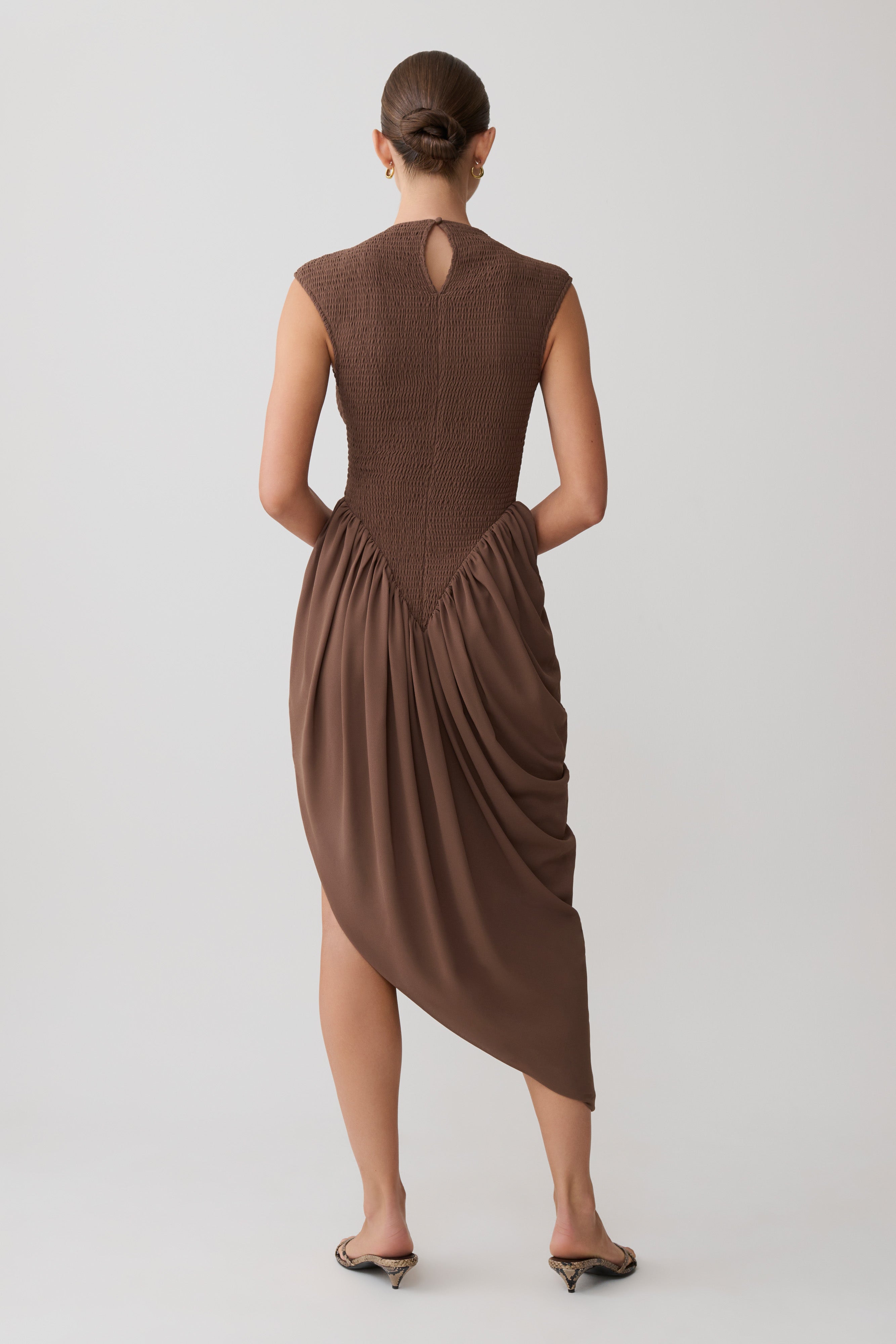 Nola Shirred Asymmetric Midi Dress - Mocha - Image 4