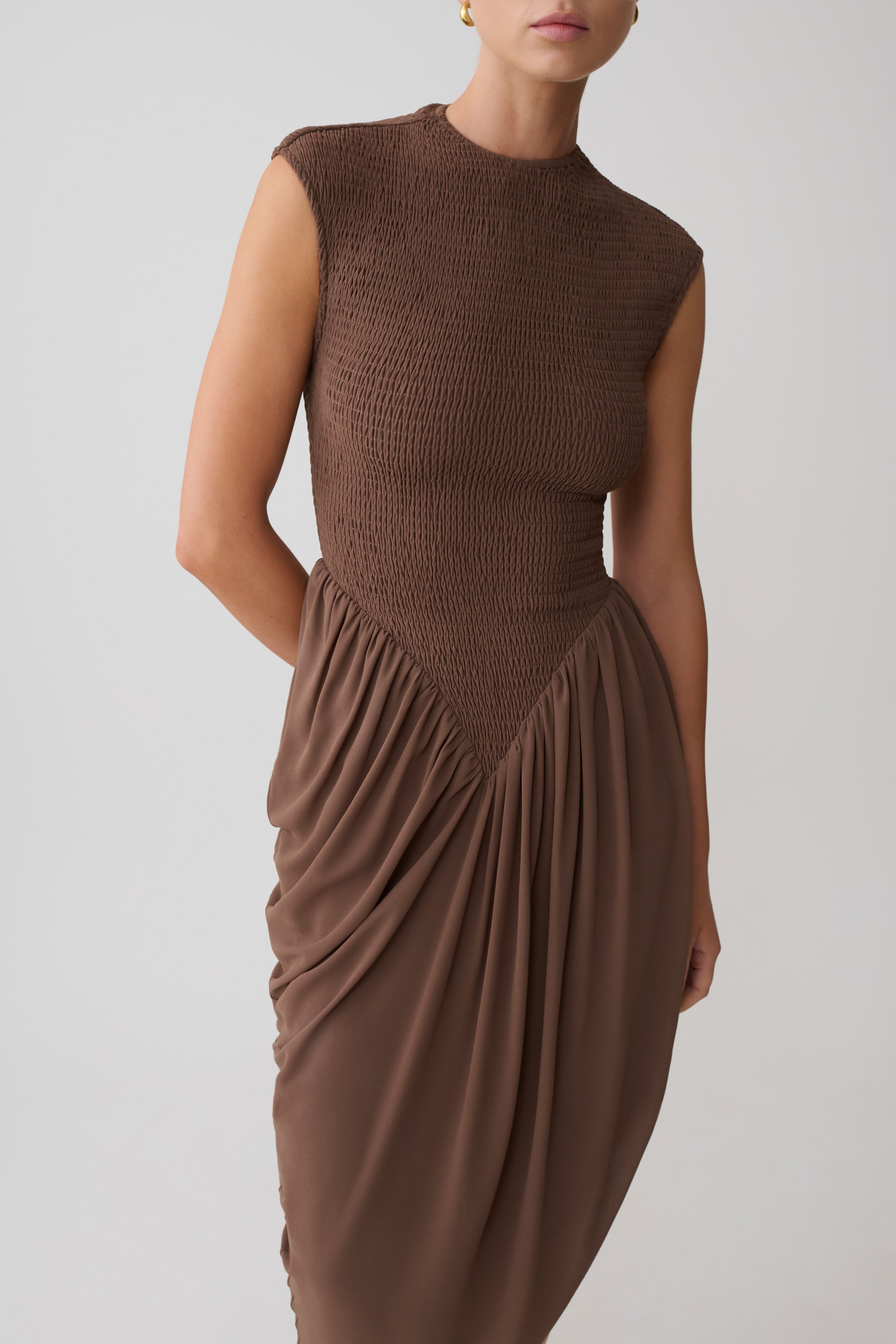 Nola Shirred Asymmetric Midi Dress - Mocha - Image 3